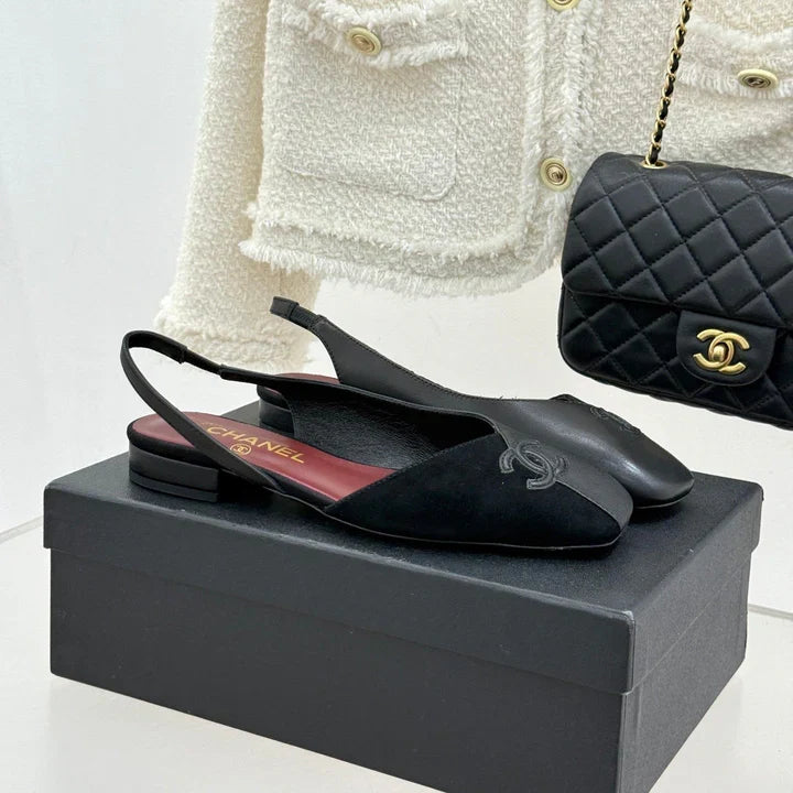 Chanel 26SS Color-Blocked Slingback Black Gray in Deerskin Cowhide 706359