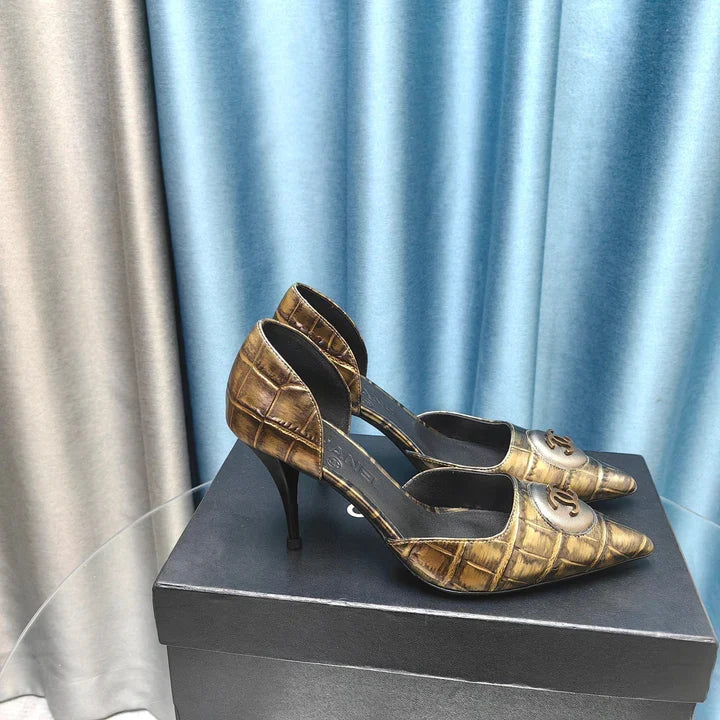 Chanel Pointed-Toe Vintage High Heels 70mm Bronze Yellow in Calfskin 712469