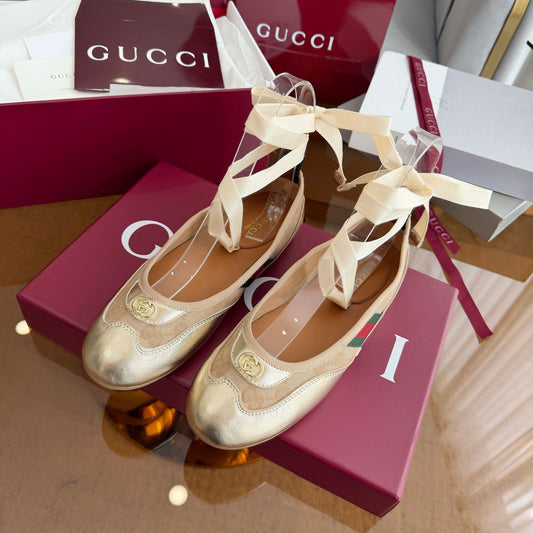 GG Dance Shoes Gold in Nubuck Suede with Classic GG Fabric 788166