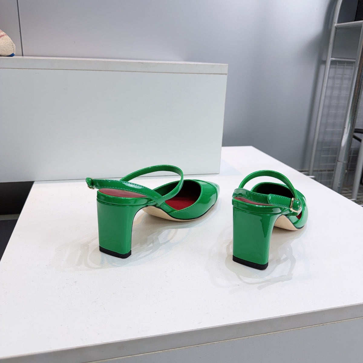 CC Block Heel Slingback Pumps 6.5cm Green Patent Calfskin Leather 842770