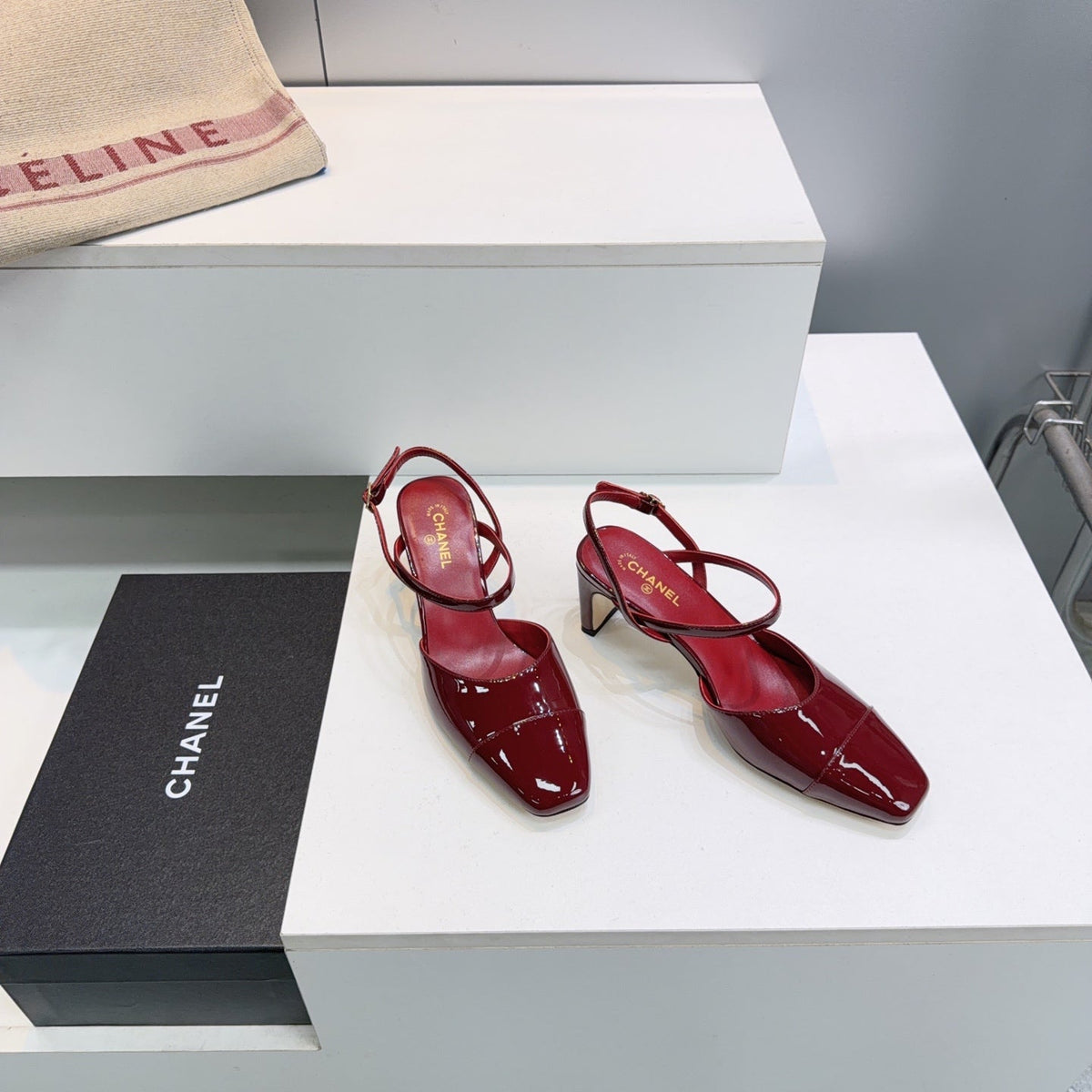 CC Block Heel Slingback Pumps 6.5cm Burgundy Patent Calfskin Leather 842768