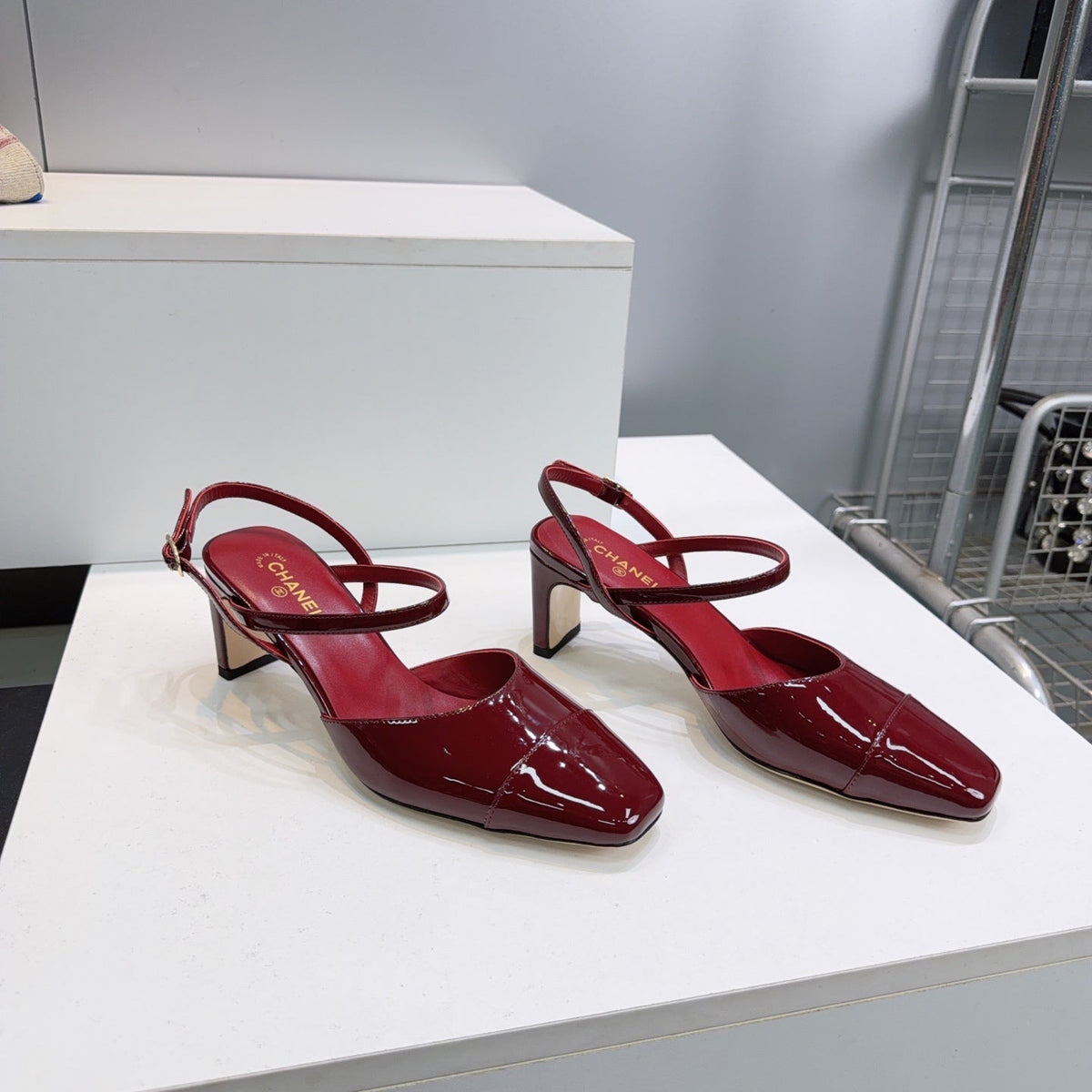 CC Block Heel Slingback Pumps 6.5cm Burgundy Patent Calfskin Leather 842768