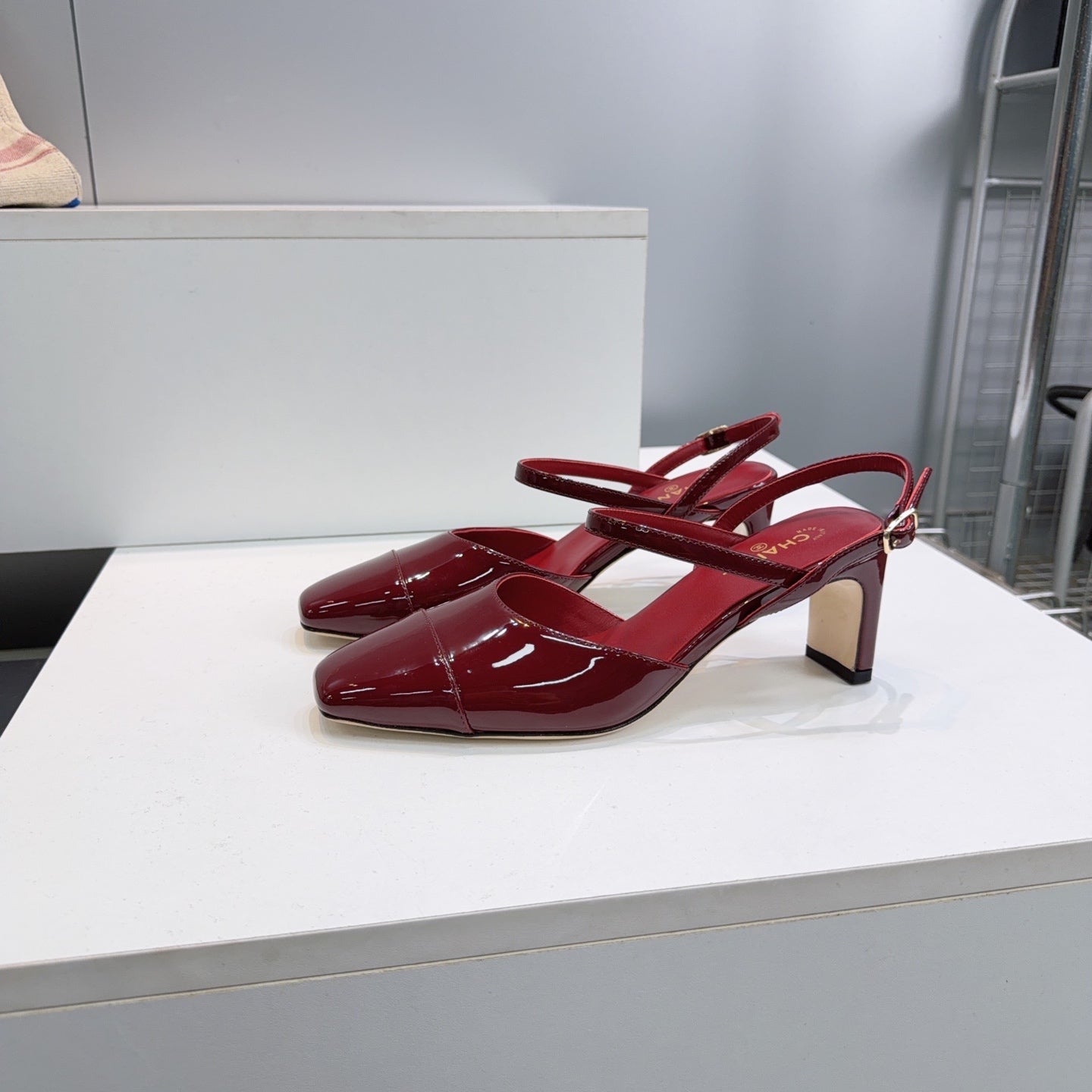 CC Block Heel Slingback Pumps 6.5cm Burgundy Patent Calfskin Leather 842768