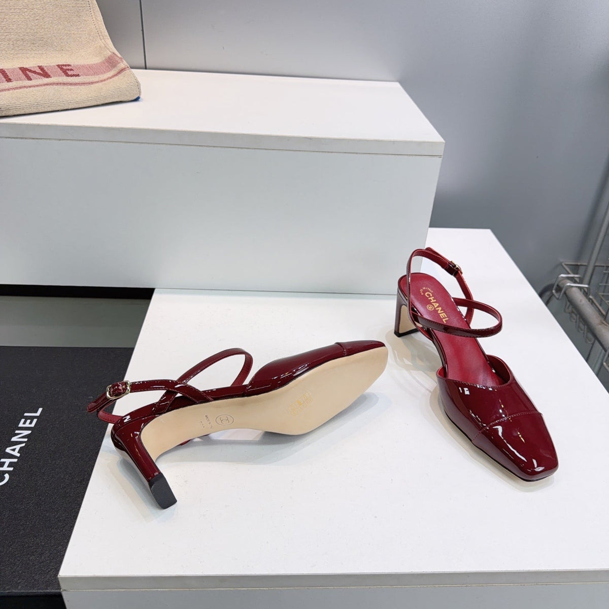 CC Block Heel Slingback Pumps 6.5cm Burgundy Patent Calfskin Leather 842768