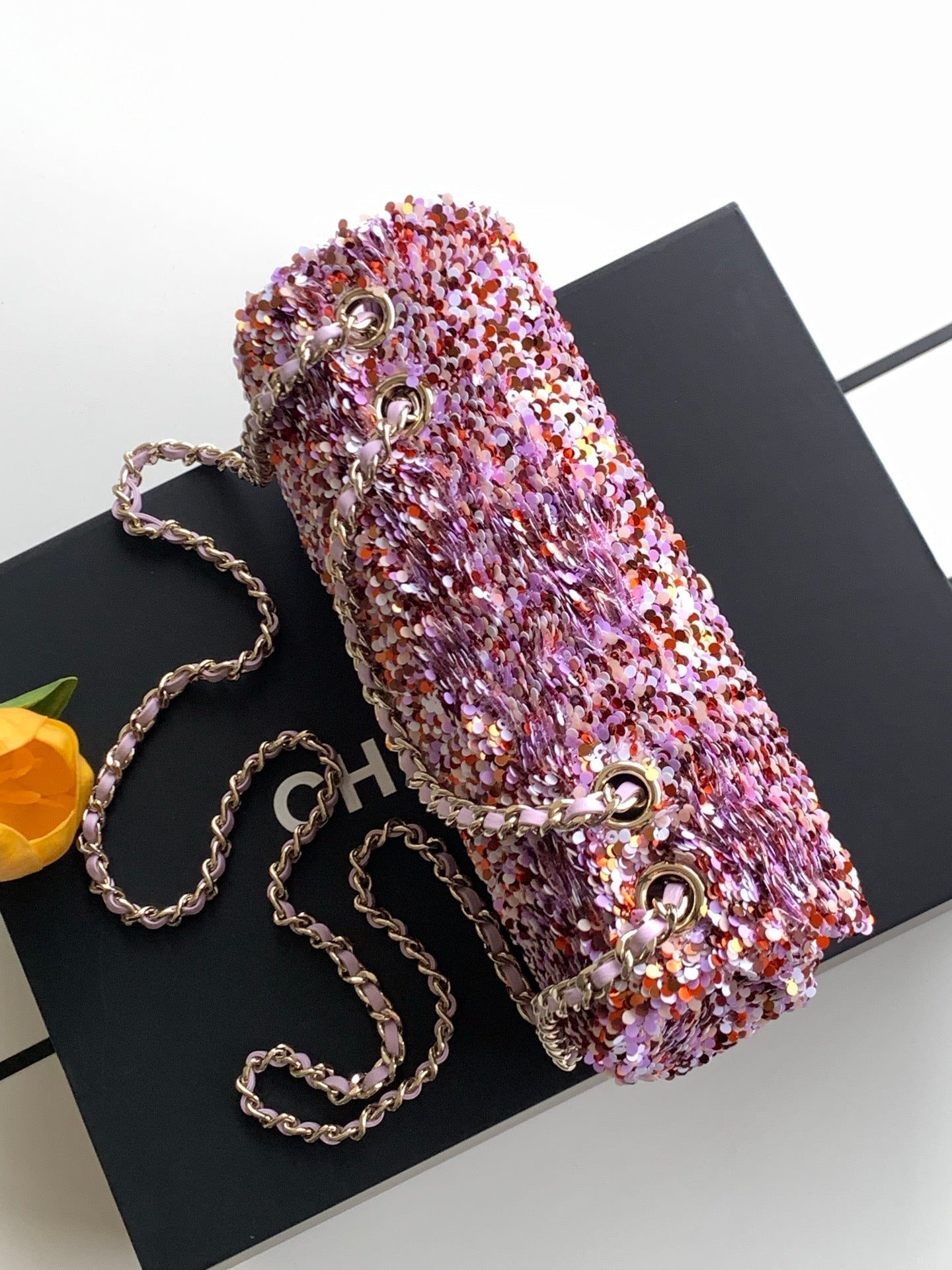CC Flap Bag 21cm Rose Pink Sequin Gold Hardware 157763