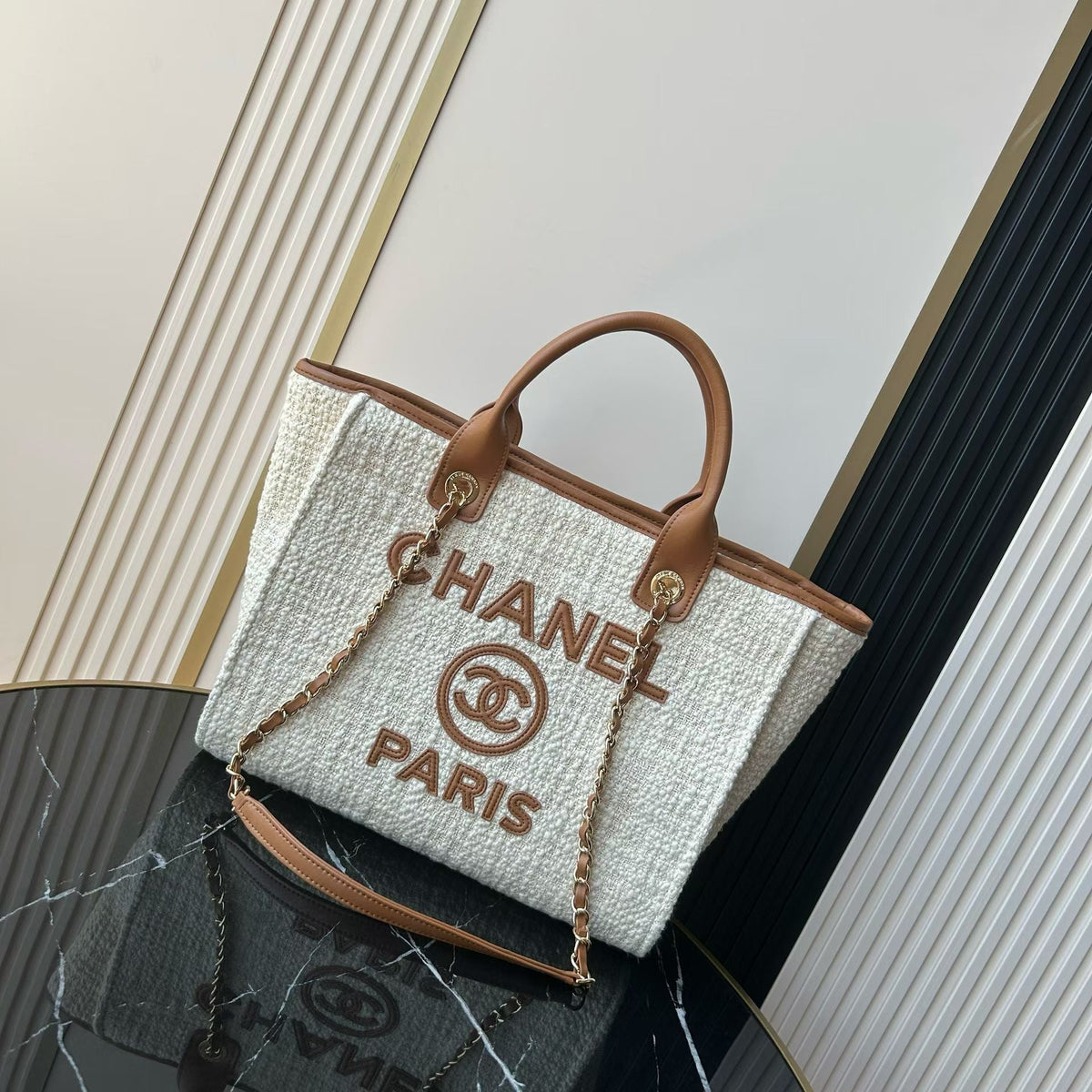 CC Deauville Tote Bag White Brown Canvas & Calfskin