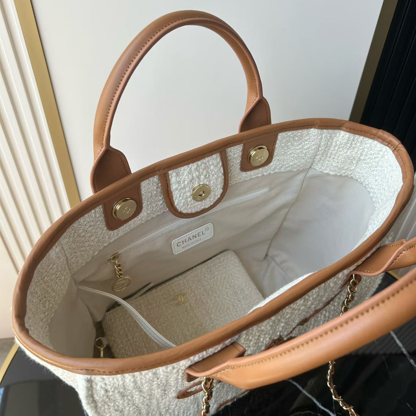 CC Deauville Tote Bag White Brown Canvas & Calfskin