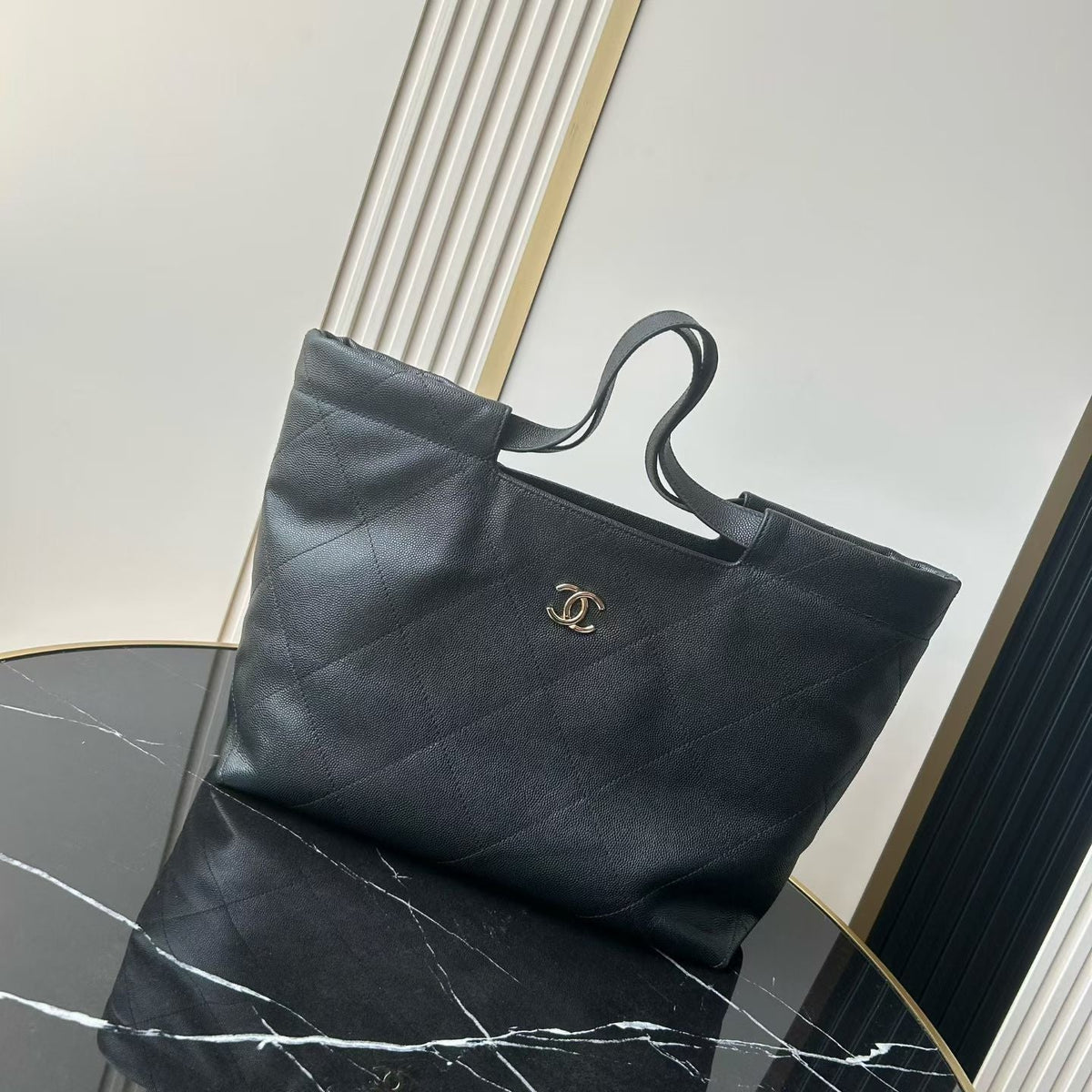 CC 26P Preppy Tote Bag 30cm Black Grained Calfskin