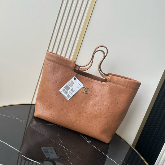 CC 26P Preppy Tote Bag 30cm Brown Grained Calfskin