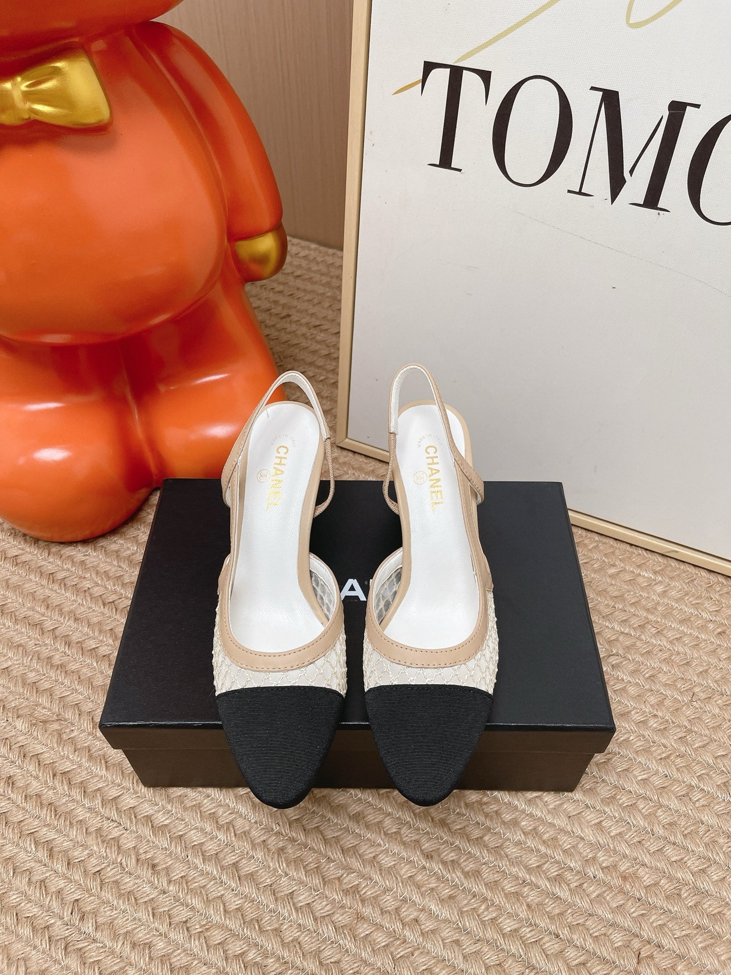 CC Slingback Pumps Black Beige Mesh Fabric 854591