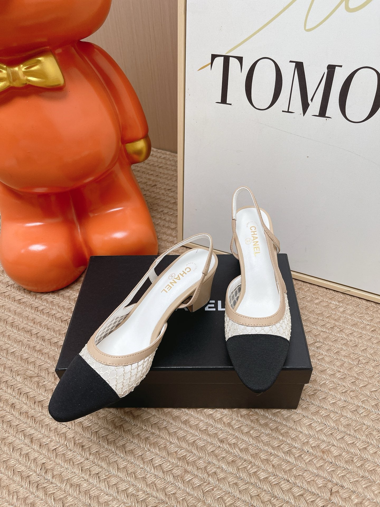 CC Slingback Pumps Black Beige Mesh Fabric 854591