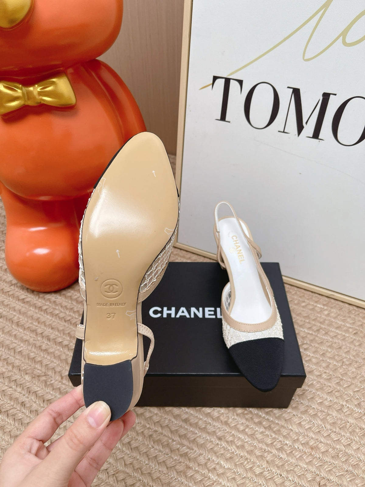 CC Slingback Pumps Black Beige Mesh Fabric 854591