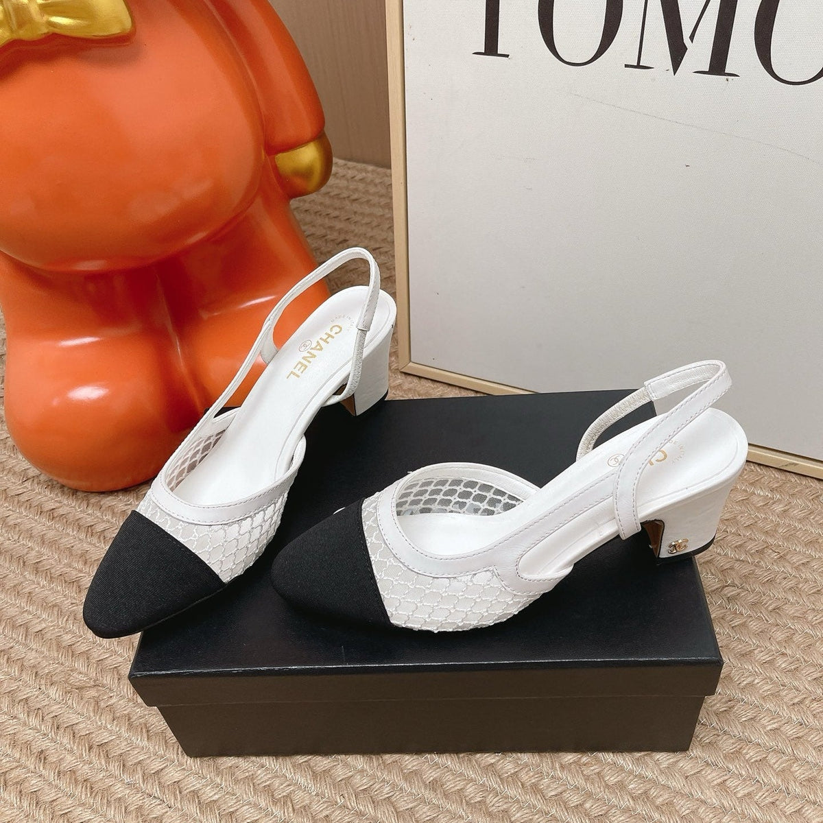 CC Slingback Pumps White Black Mesh Fabric 854589