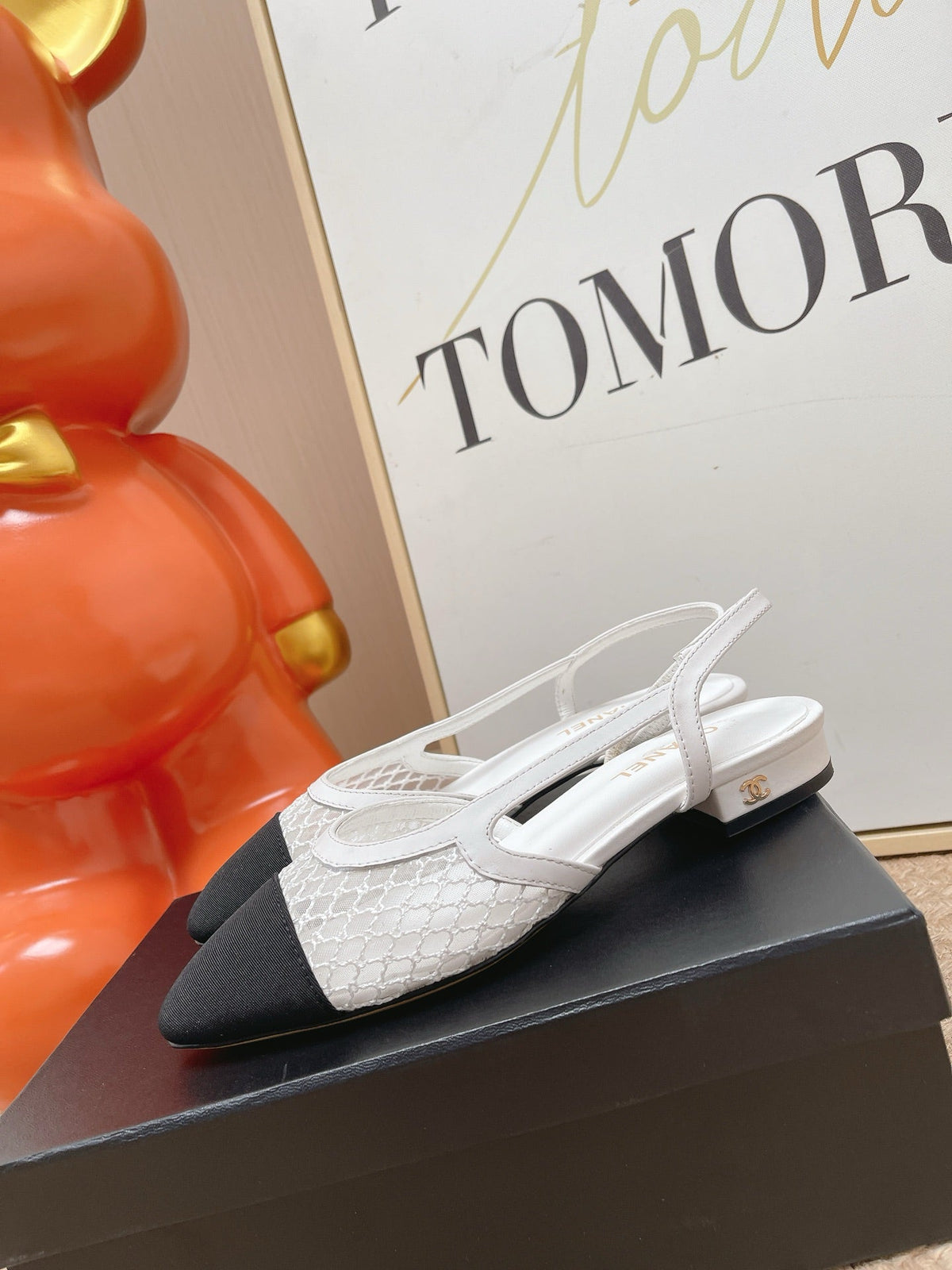 CC Slingback Flats Black White Mesh Fabric 854586