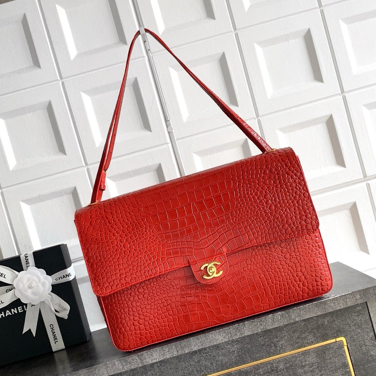 CC Croc Embossed Flap Bag 38.5cm Red Imported Leather 157997