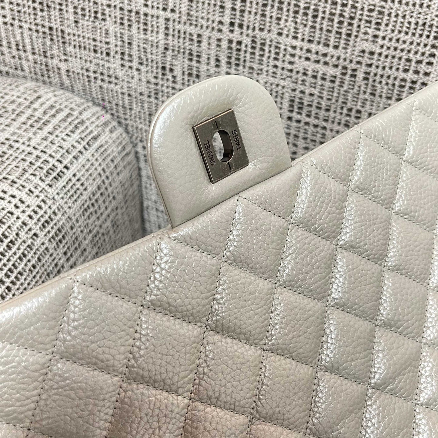 CC Classic Flap Bag 46.5cm Pearl White Caviar Calfskin Leather SHW