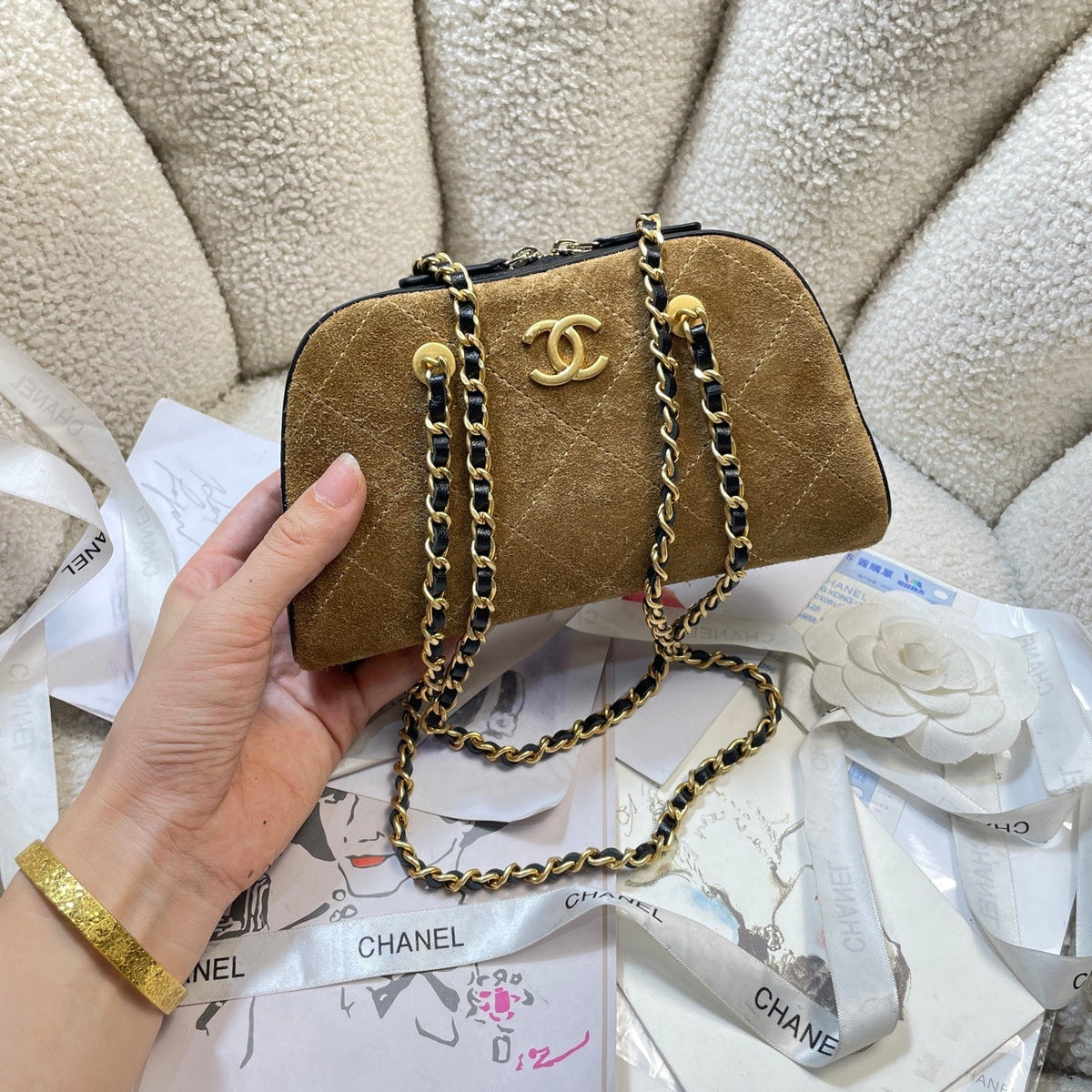 CC 26P Bowling Bag Chain Strap 19.5cn Camel Suede GHW