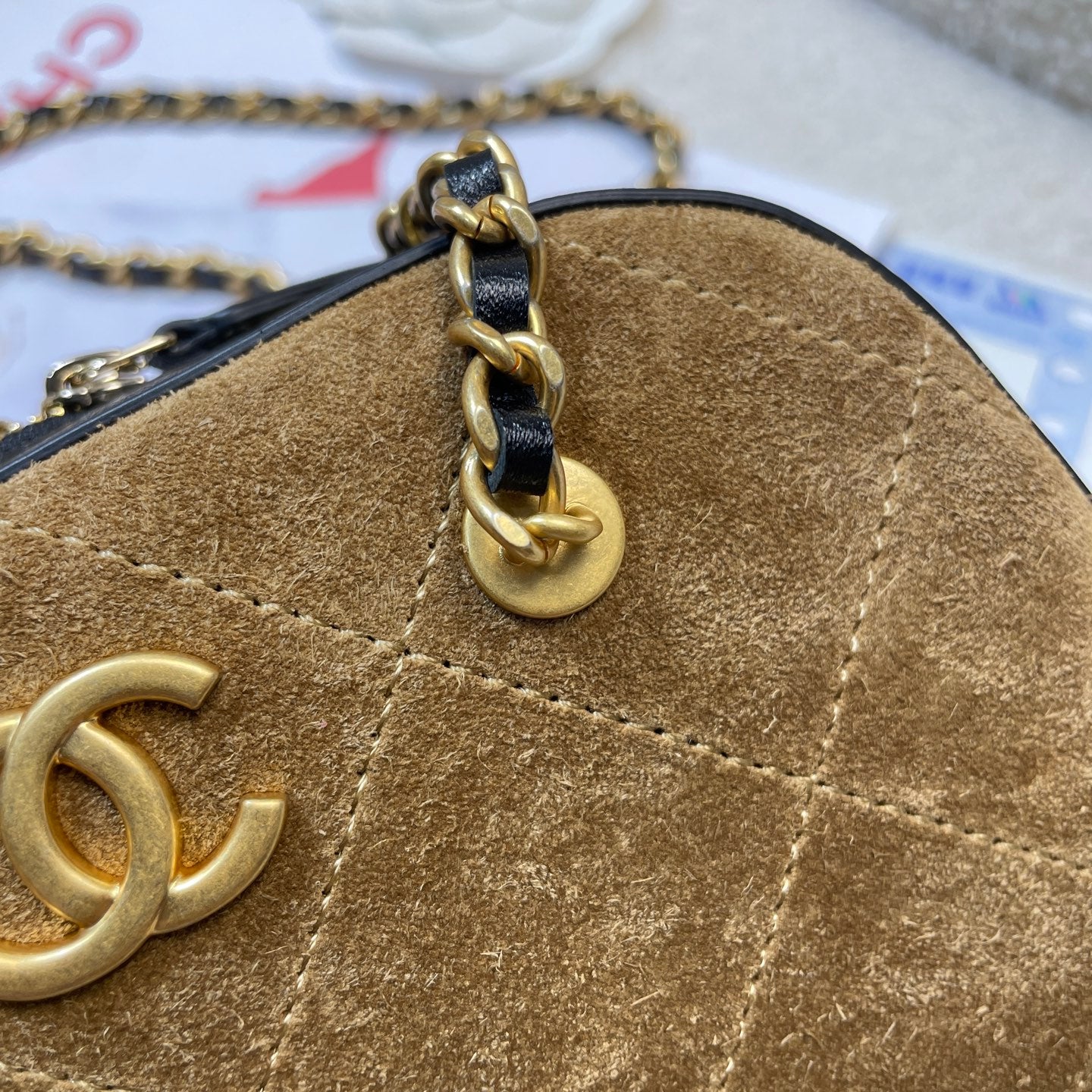 CC 26P Bowling Bag Chain Strap 19.5cn Camel Suede GHW