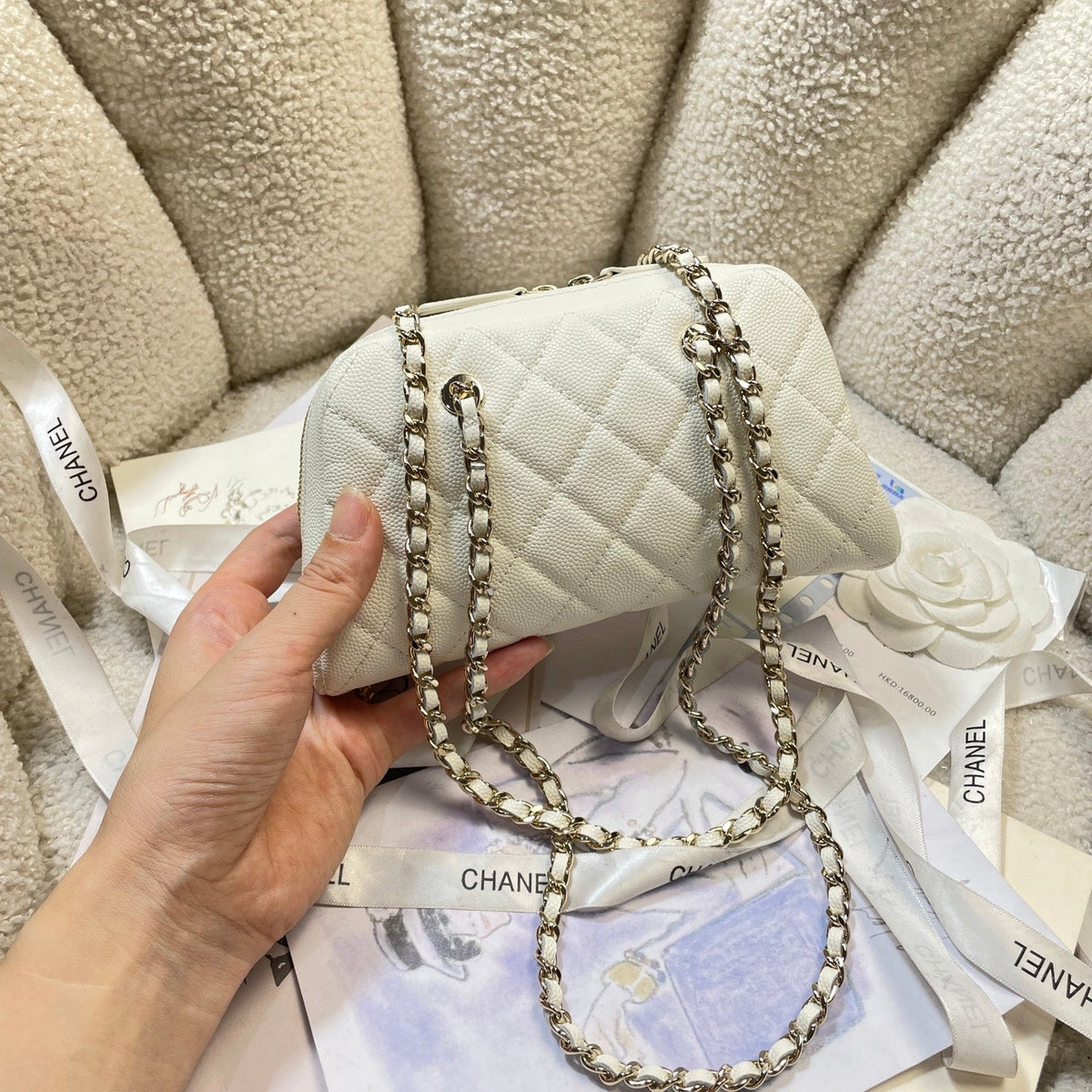 CC 26P Bowling Bag Chain Strap 19.5cn White Caviar Cowhide GHW