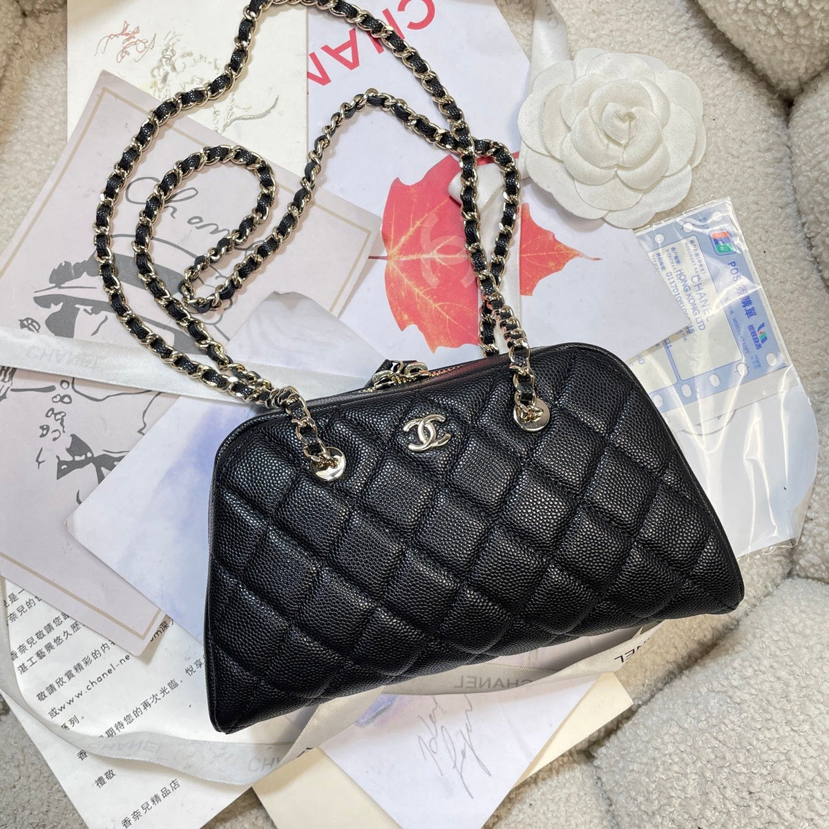 CC 26P Bowling Bag Chain Strap 19.5cn Black Caviar Cowhide GHW