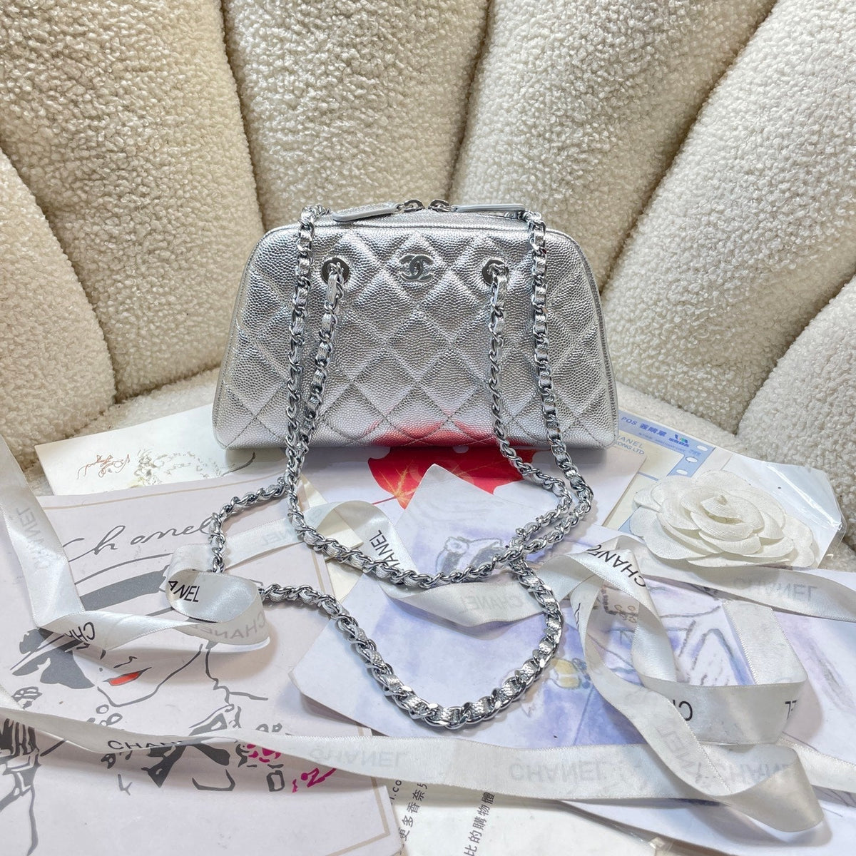 CC 26P Bowling Bag Chain Strap 19.5cn Silver Metallic Caviar Cowhide