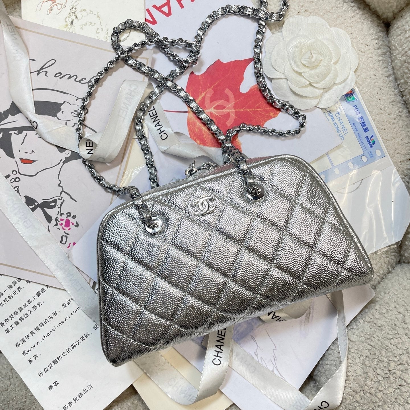 CC 26P Bowling Bag Chain Strap 19.5cn Silver Metallic Caviar Cowhide