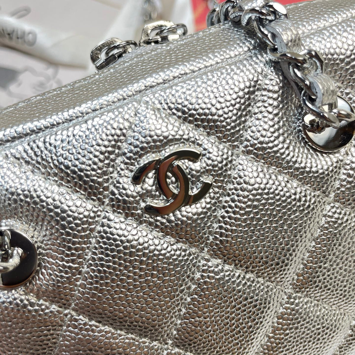CC 26P Bowling Bag Chain Strap 19.5cn Silver Metallic Caviar Cowhide