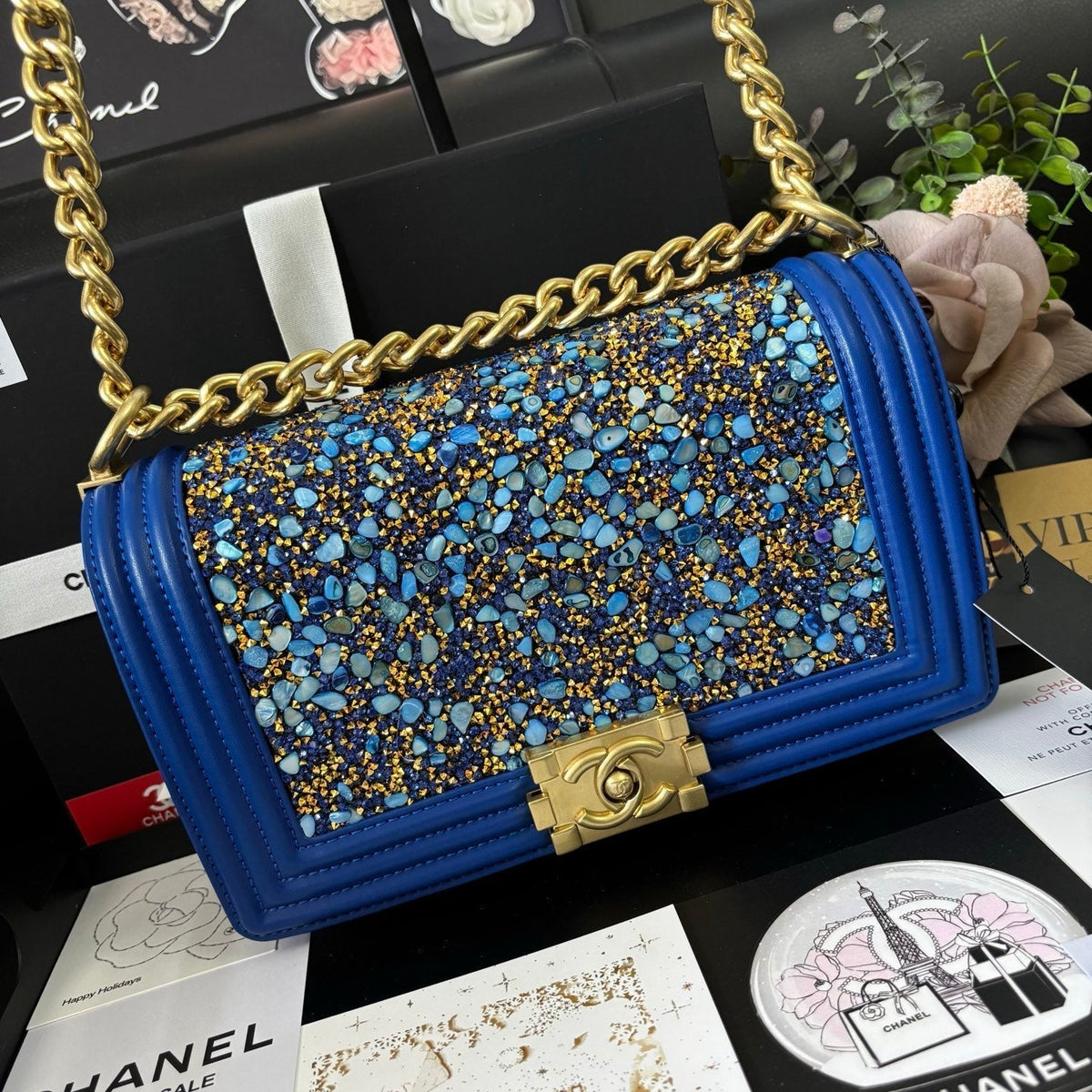 CC Le Boy Flap Bag Crystal Embellished 25cm Blue GHW 158378