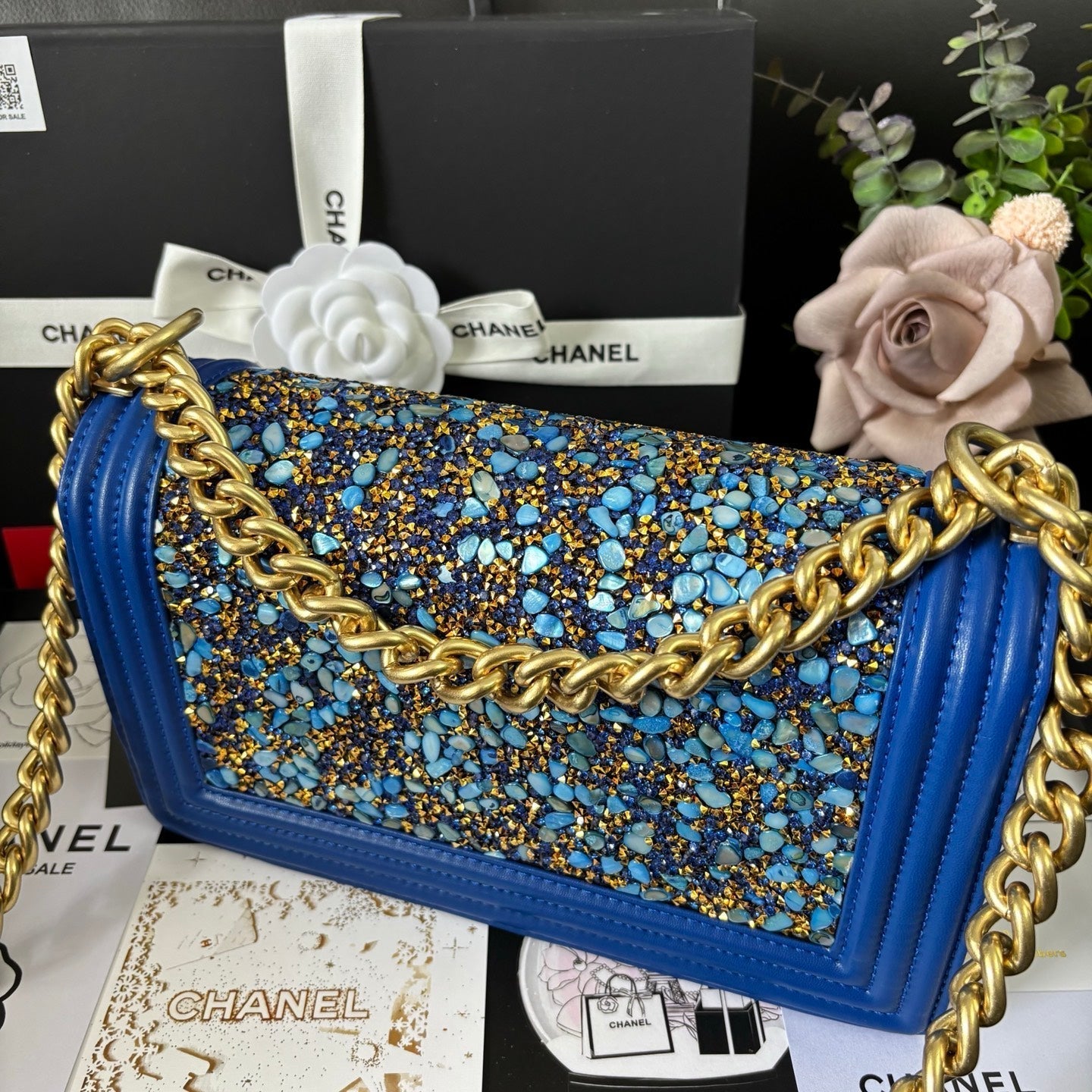 CC Le Boy Flap Bag Crystal Embellished 25cm Blue GHW 158378