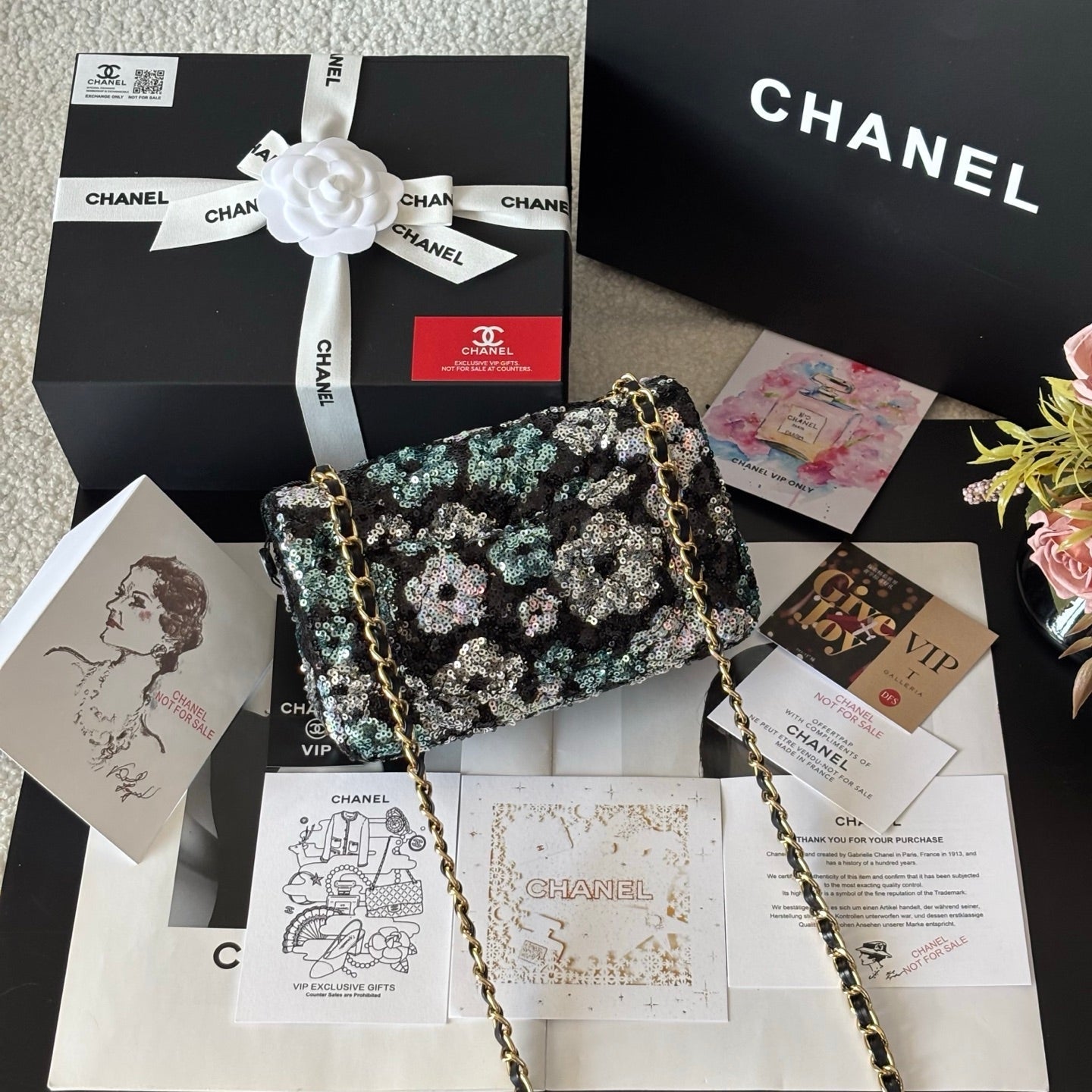 CC Flap Bag Floral 20cm Black Multicolor Sequin Leather GHW 158376