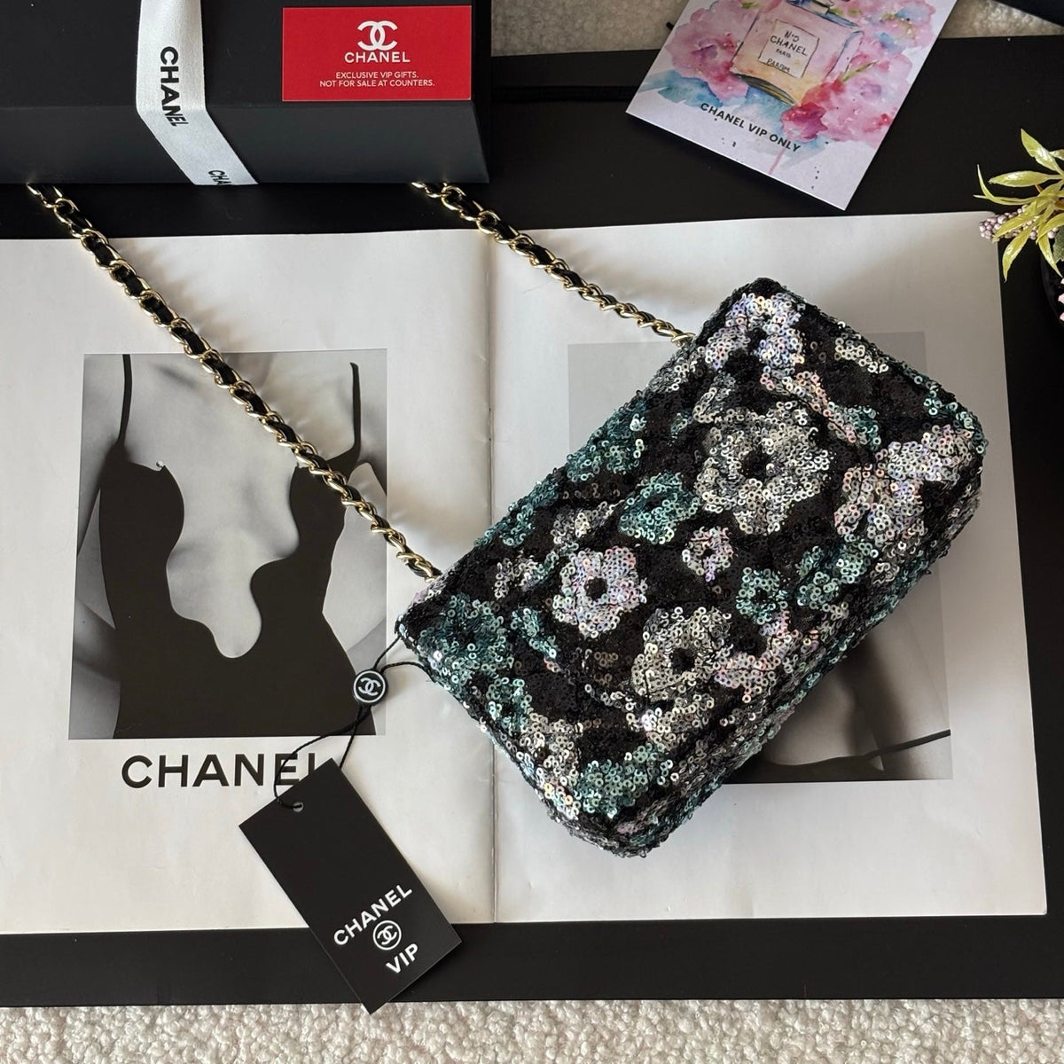 CC Flap Bag Floral 20cm Black Multicolor Sequin Leather GHW 158376