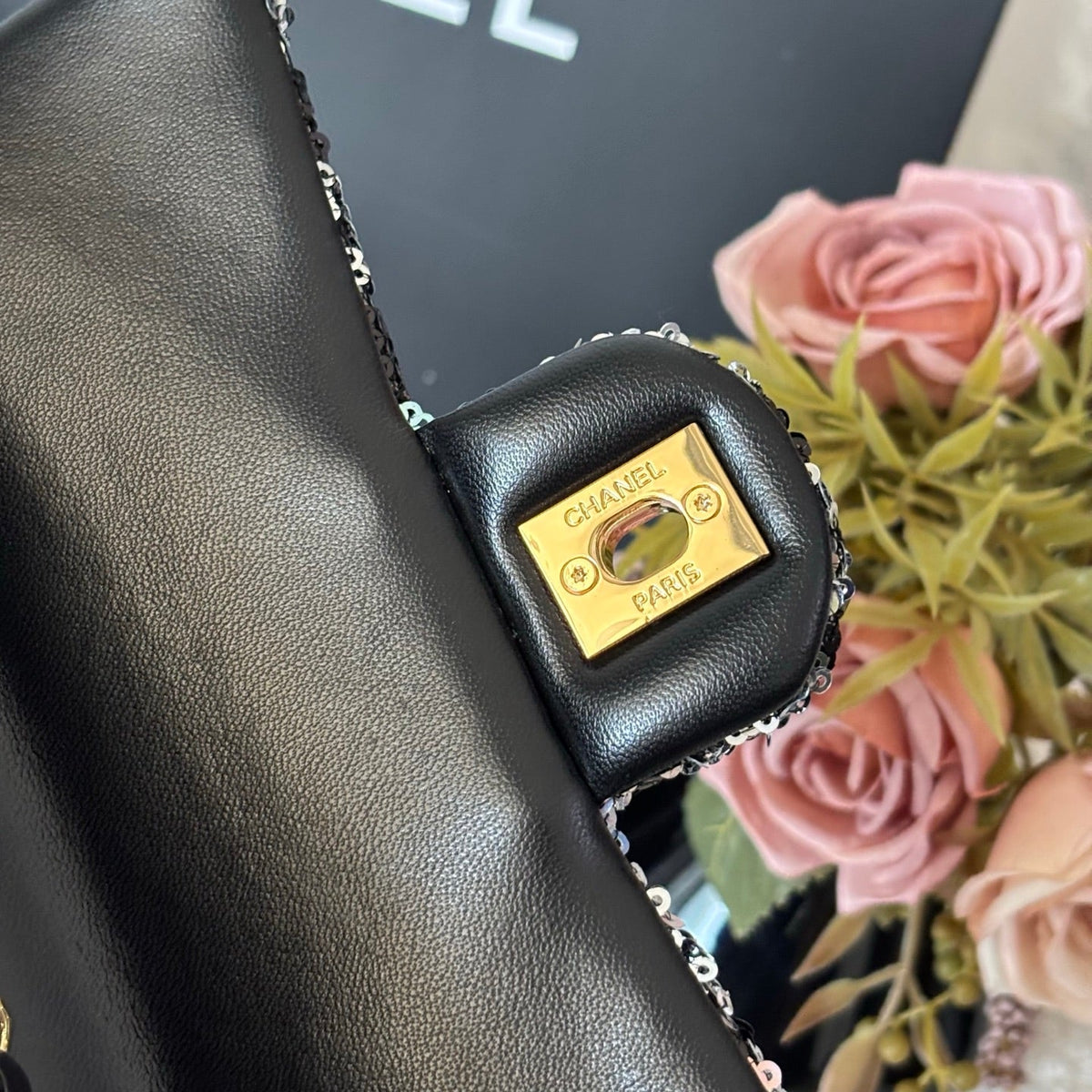 CC Flap Bag Floral 20cm Black Multicolor Sequin Leather GHW 158376