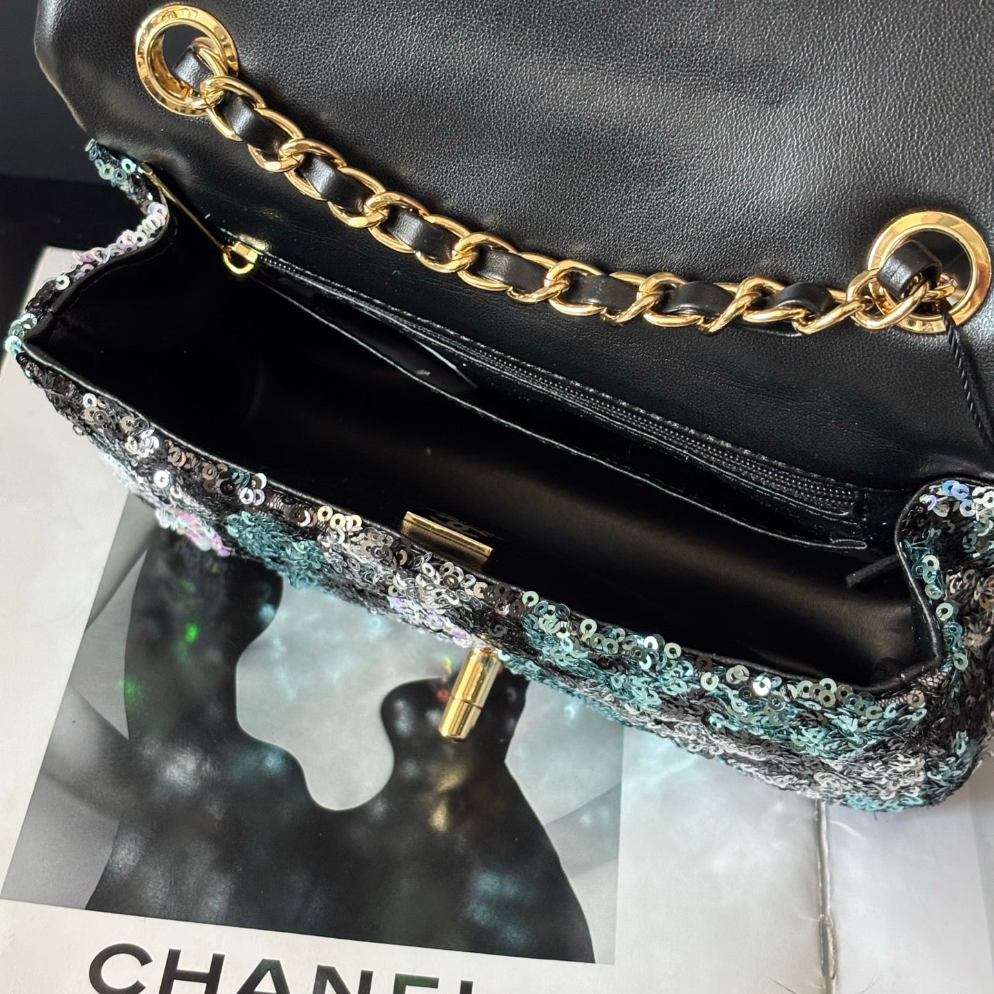 CC Flap Bag Floral 20cm Black Multicolor Sequin Leather GHW 158376