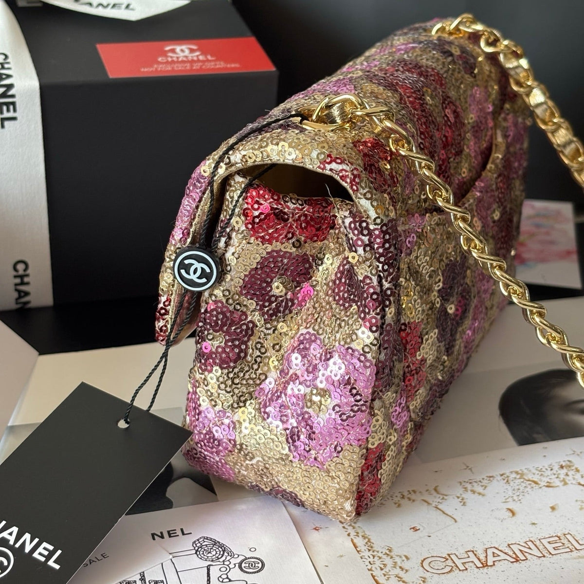 CC Flap Bag Floral 20cm Begie Pink Sequin Leather GHW 158375