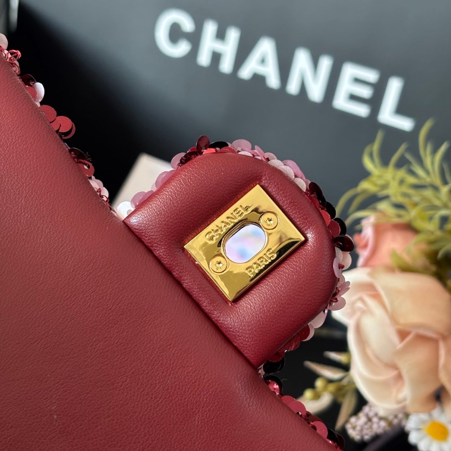 CC Flap Bag Floral 20cm Pink Sequin Leather GHW 158374