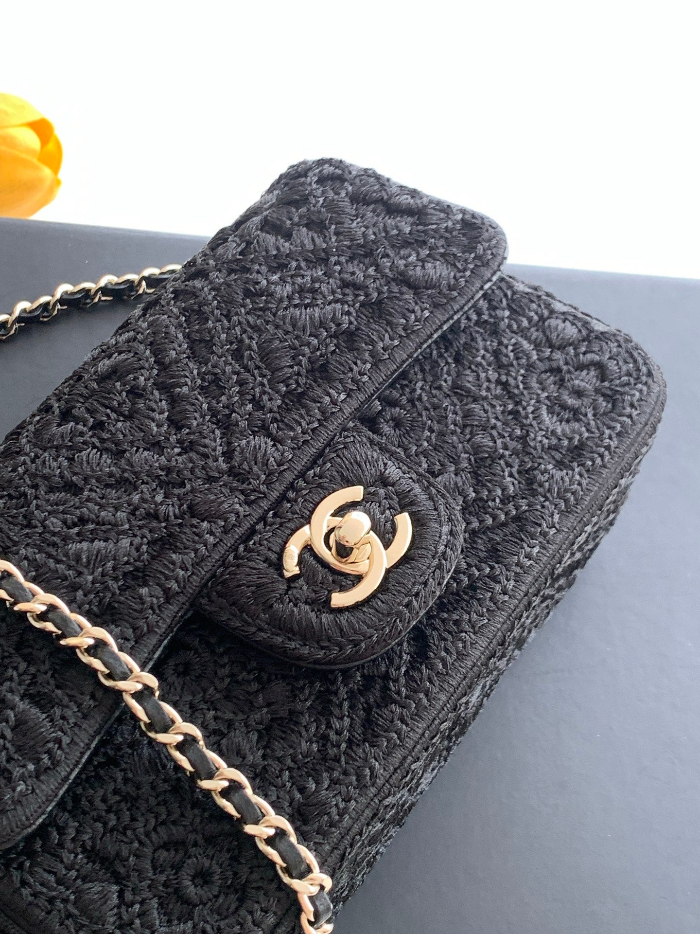 CC 26P Crochet Flap Bag Chain Strap 21cm Black Tweed 292260