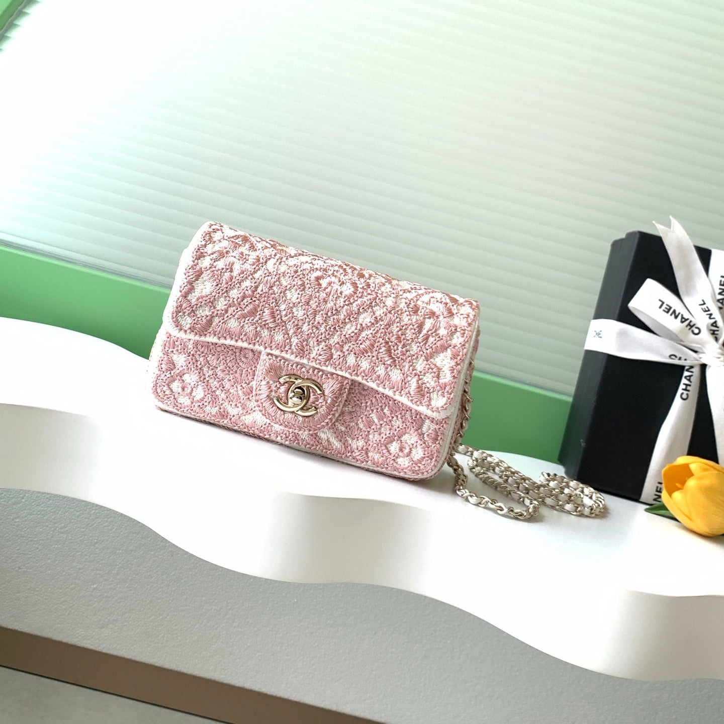 CC 26P Crochet Flap Bag Chain Strap 21cm Pink Tweed 292262