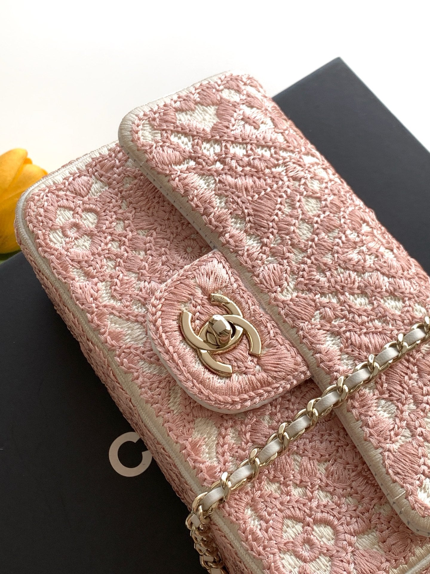 CC 26P Crochet Flap Bag Chain Strap 21cm Pink Tweed 292262