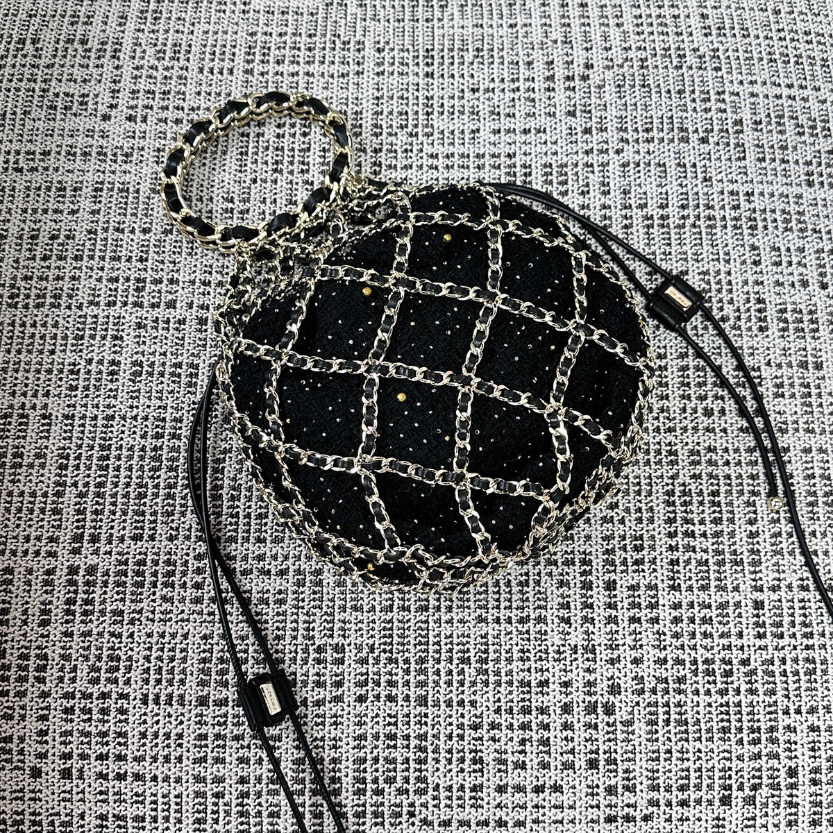 CC 21PF Chain Link Net Bag Drawstring Black Tweed Lambskin & Chain