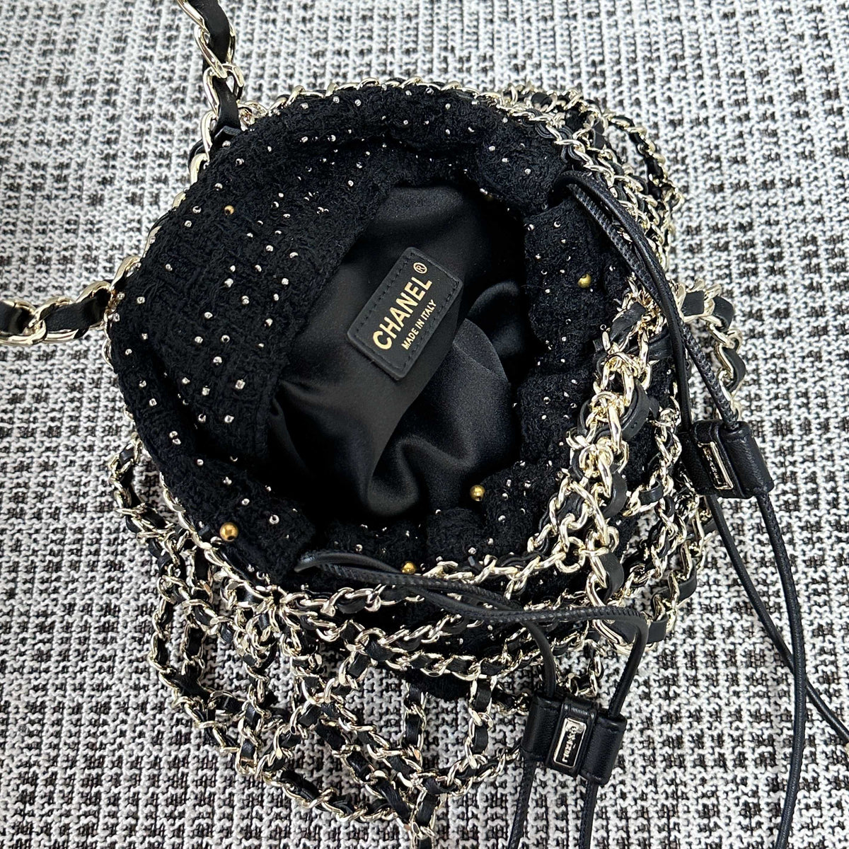 CC 21PF Chain Link Net Bag Drawstring Black Tweed Lambskin & Chain