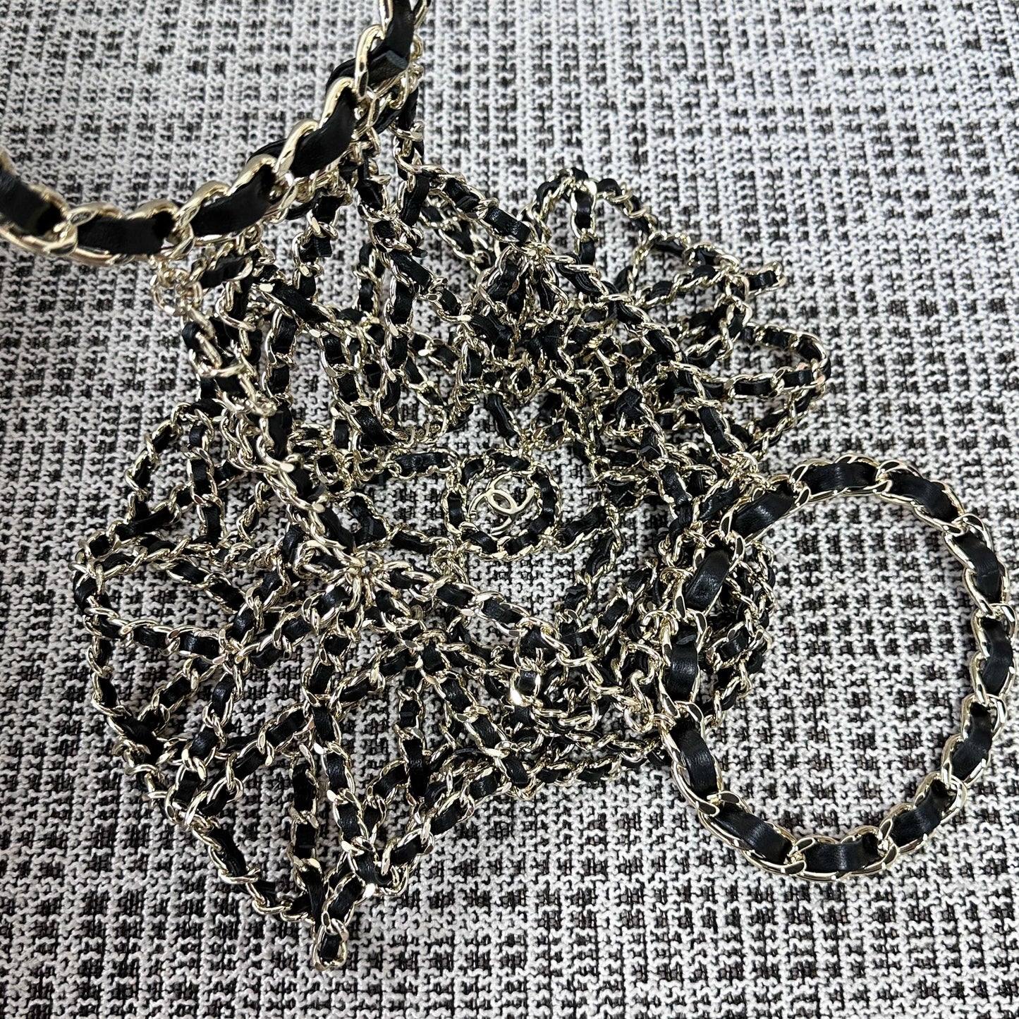 CC 21PF Chain Link Net Bag Drawstring Black Tweed Lambskin & Chain