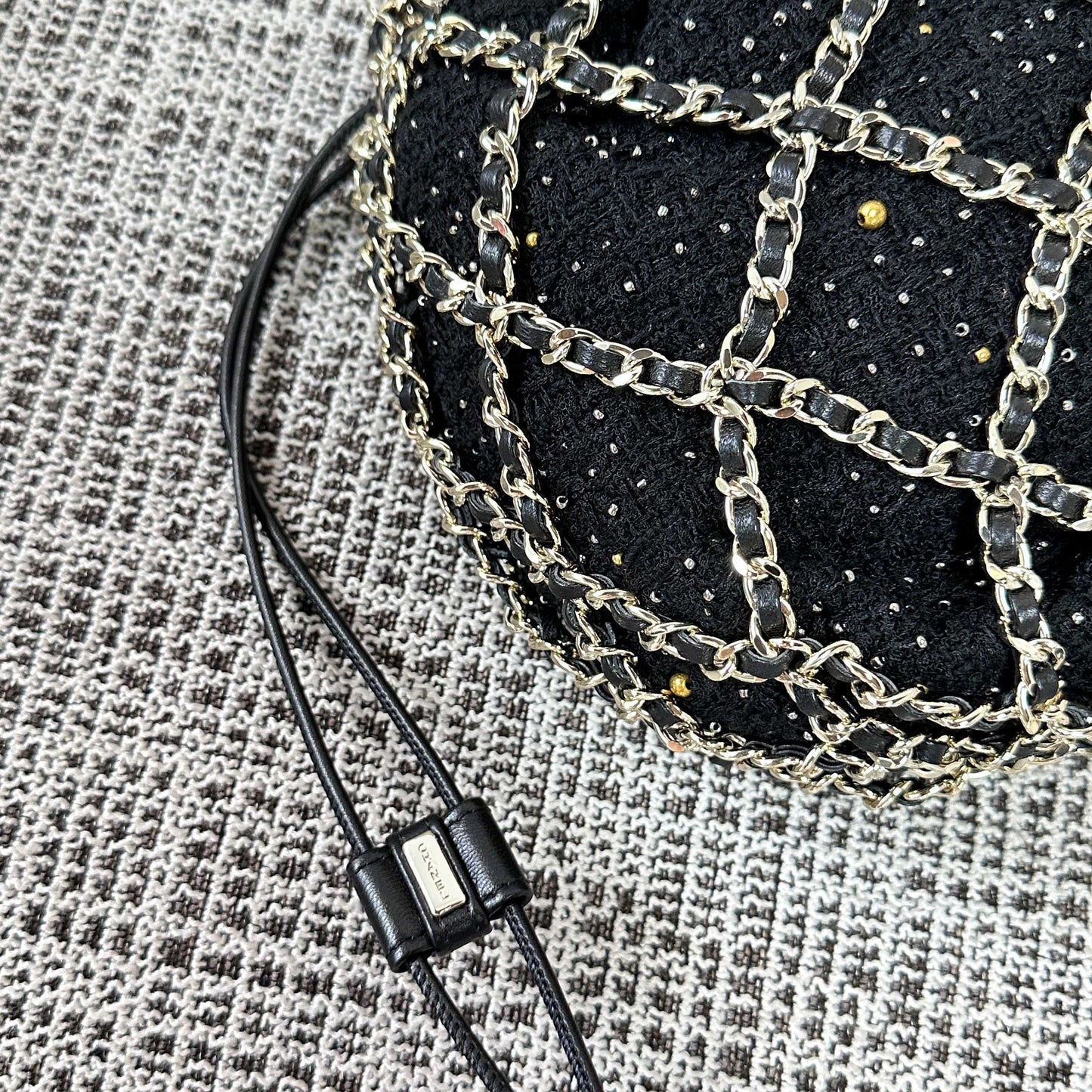 CC 21PF Chain Link Net Bag Drawstring Black Tweed Lambskin & Chain