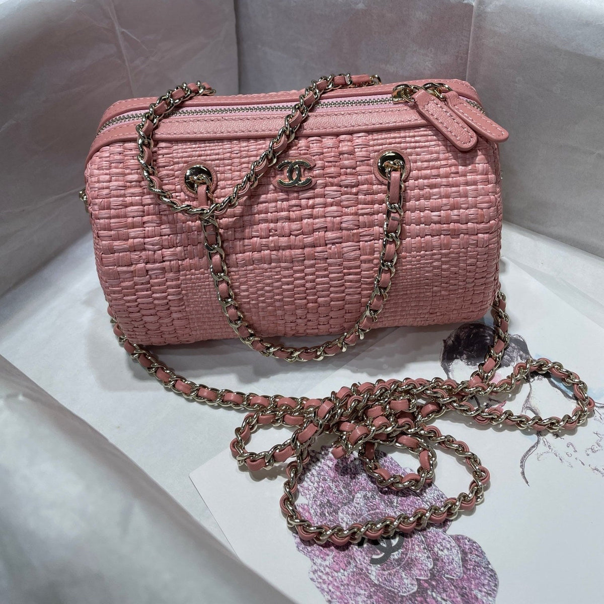 CC Bowling Bag Chain Strap 18.5cm Pink Braided Raffia & Lambskin 292139