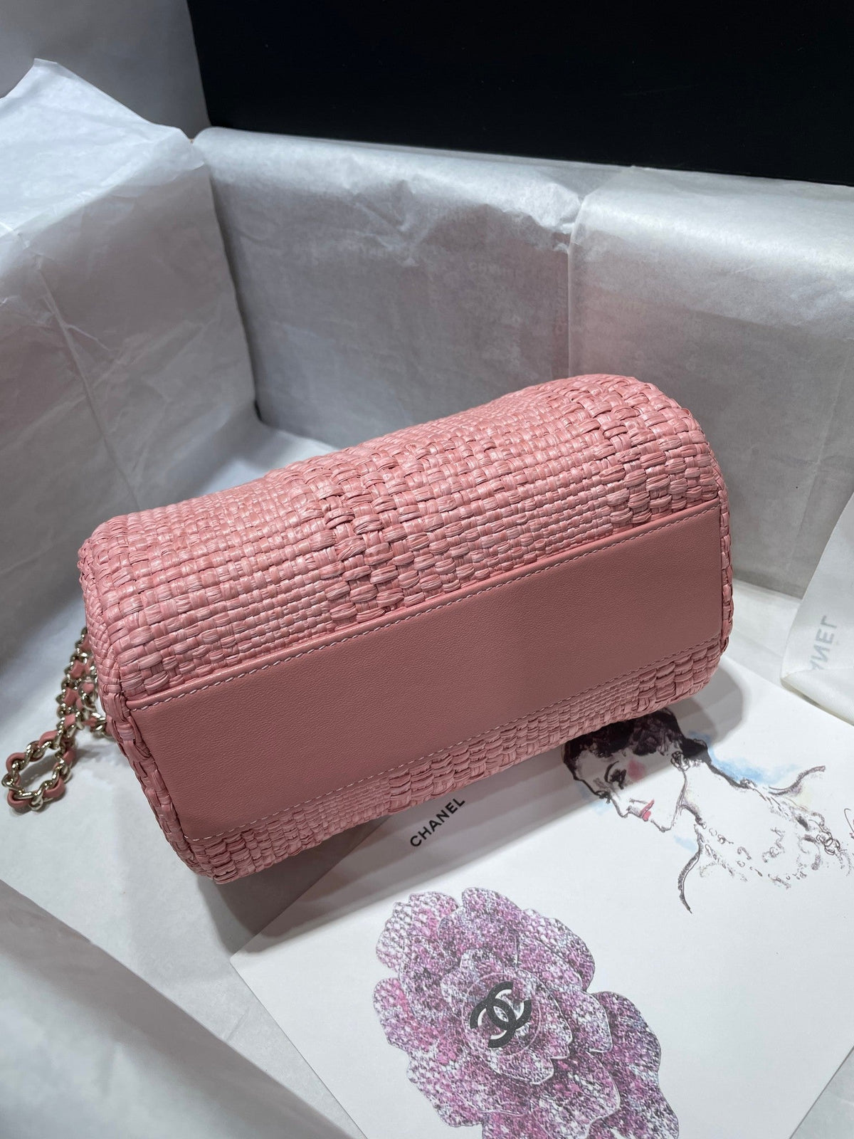 CC Bowling Bag Chain Strap 18.5cm Pink Braided Raffia & Lambskin 292139