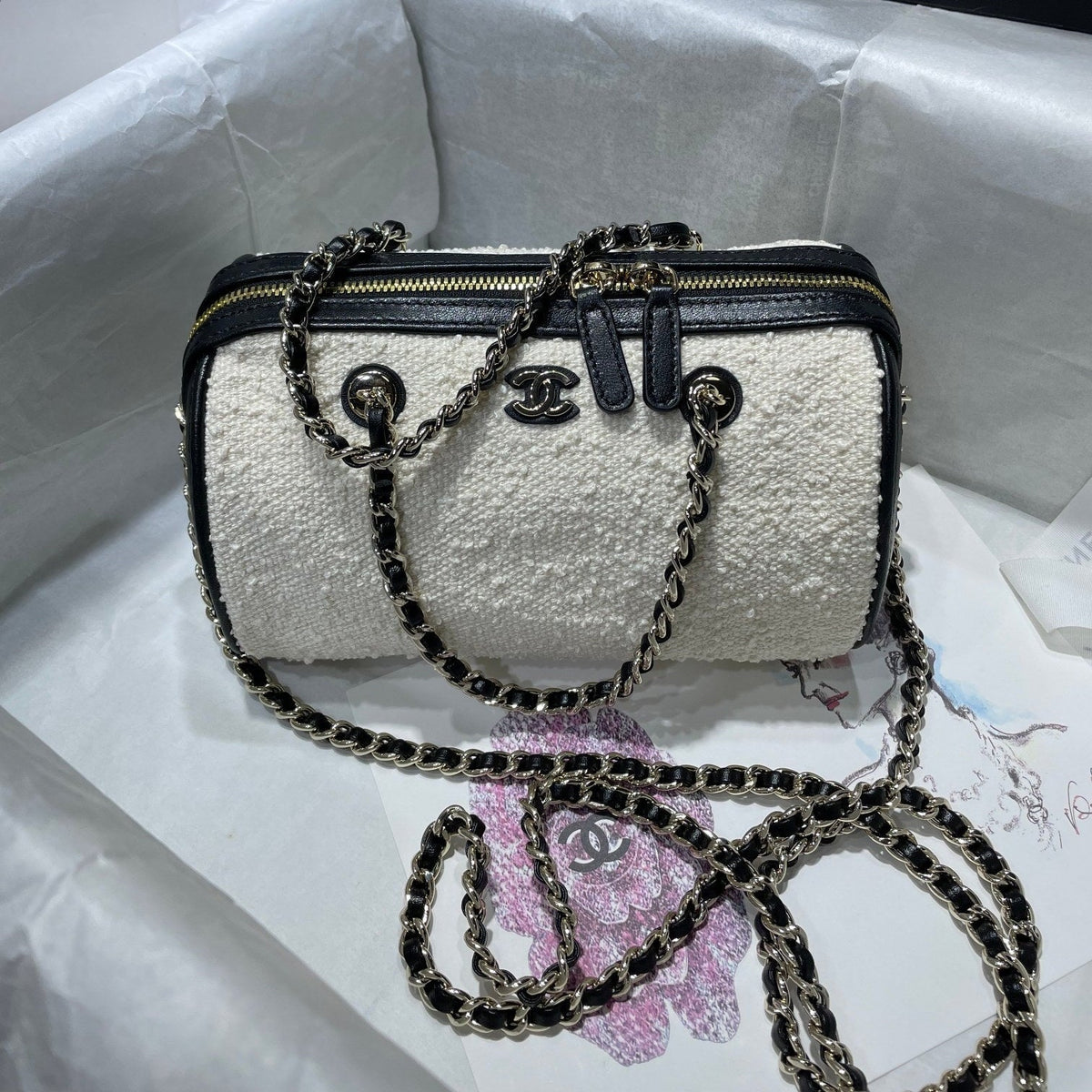 CC Bowling Bag Chain Strap 18.5cm Black White Lambskin & Canvas 292137