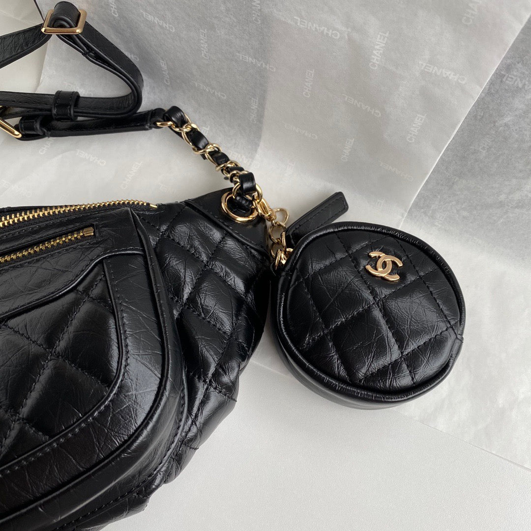 CC Front Zip Waist Bag Charm 34cm Black Lambskin