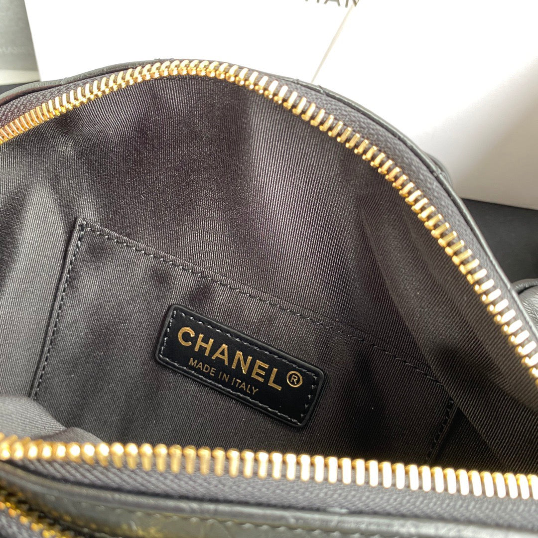 CC Front Zip Waist Bag Charm 34cm Black Lambskin