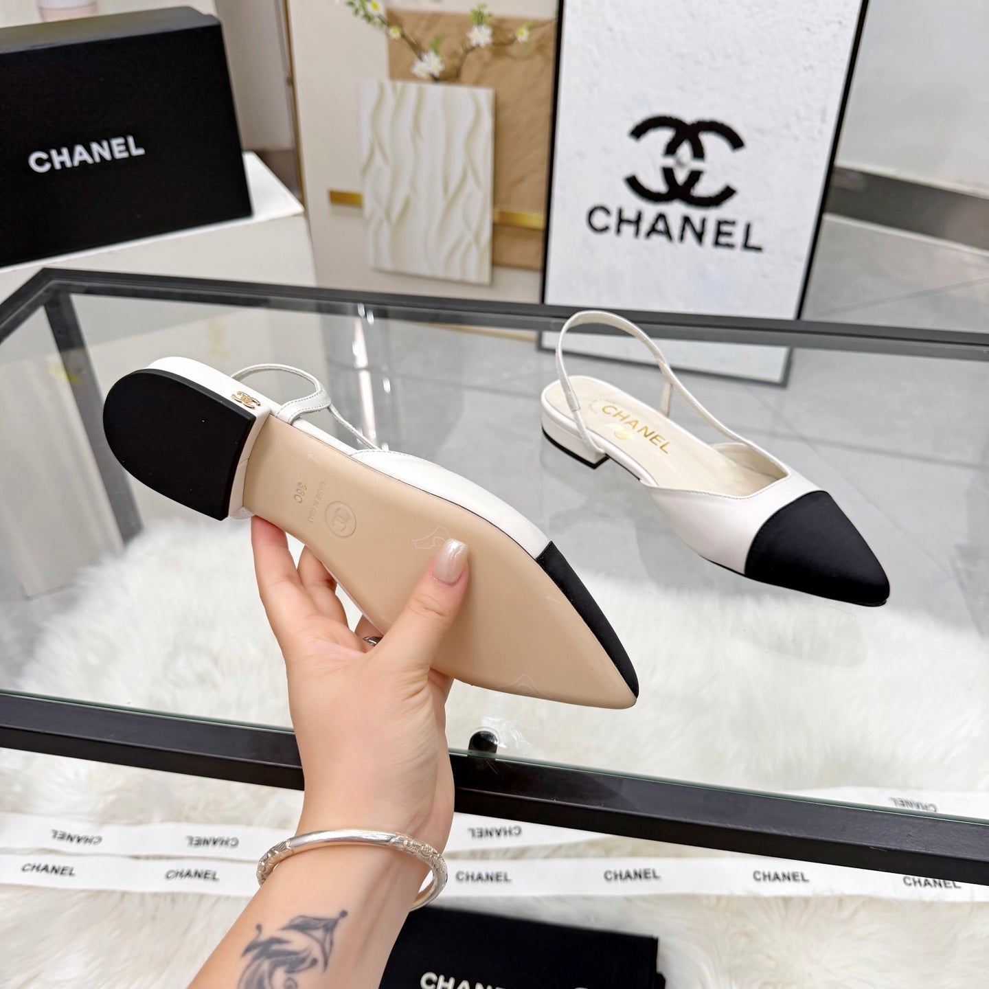 CC Slingback Flats White Cowhide Leather 873862