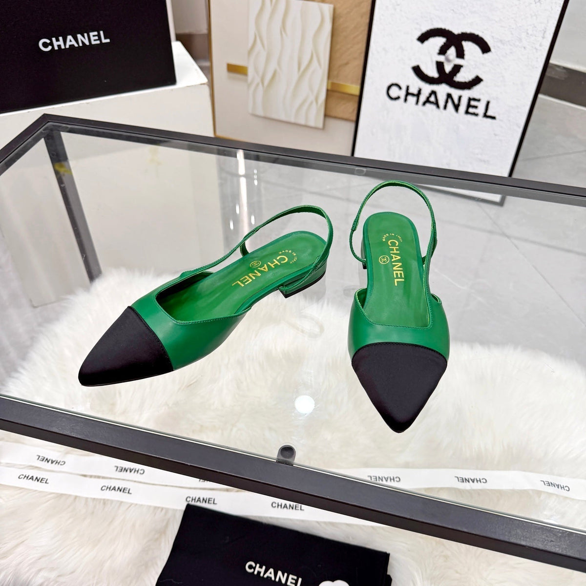CC Slingback Flats Green Cowhide Leather 873861