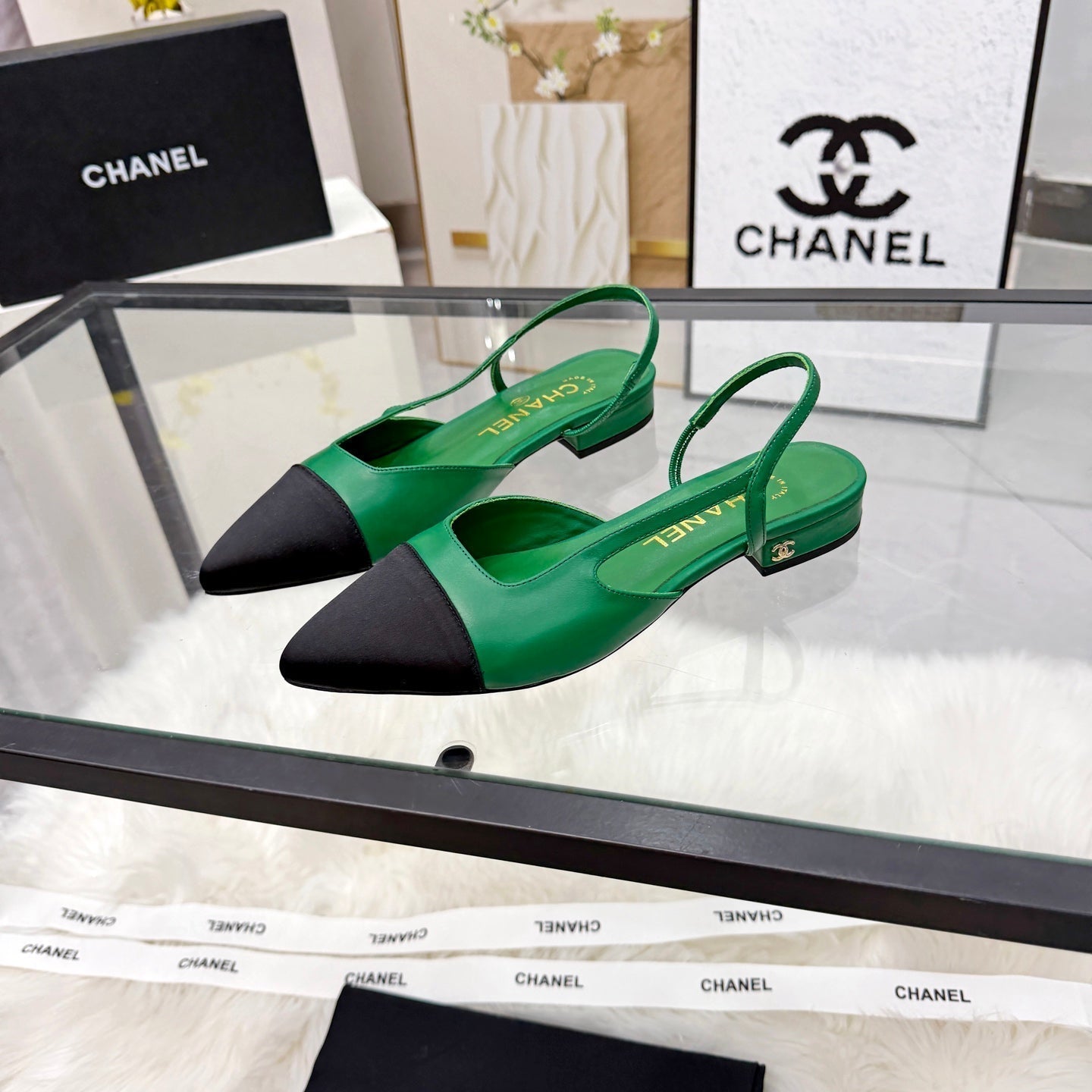 CC Slingback Flats Green Cowhide Leather 873861